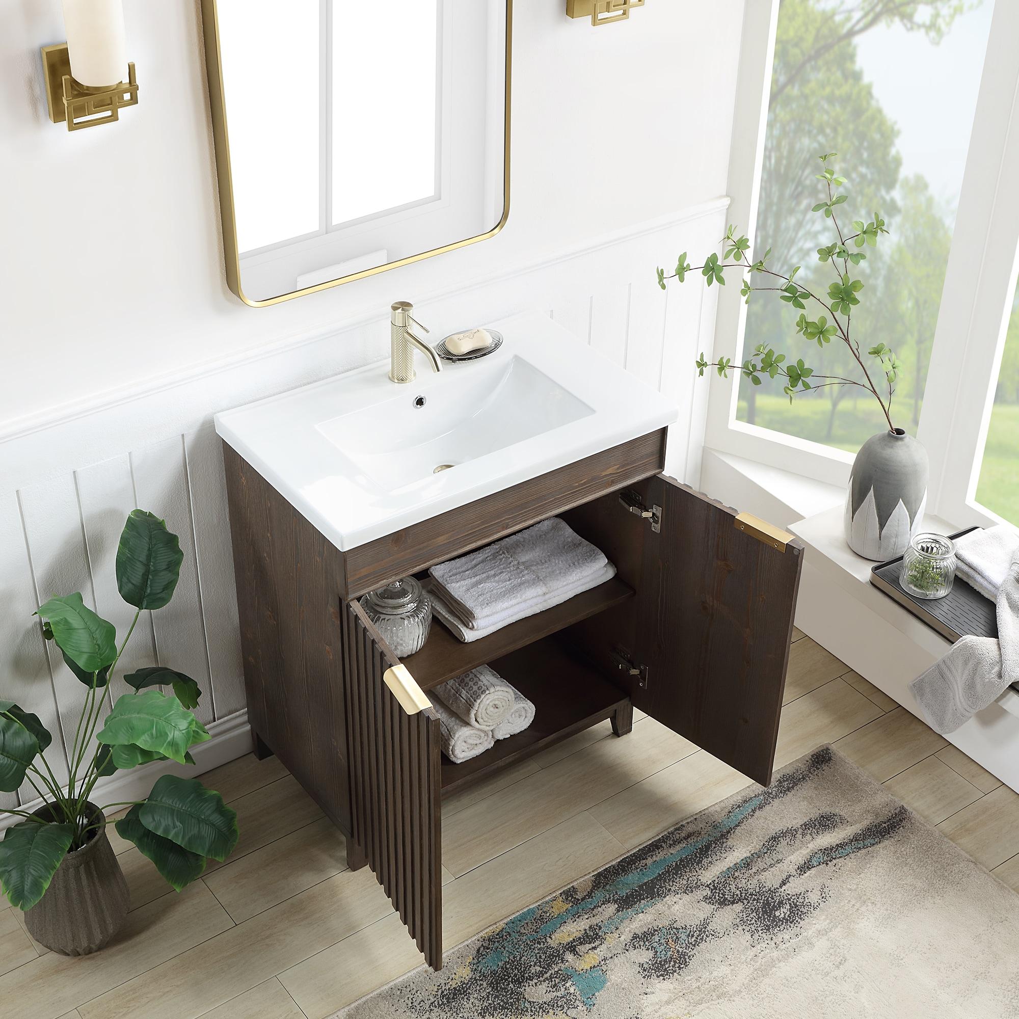 Palos 30" Single Bath Vanity in Spruce Antique Brown with White Ceramic Basin