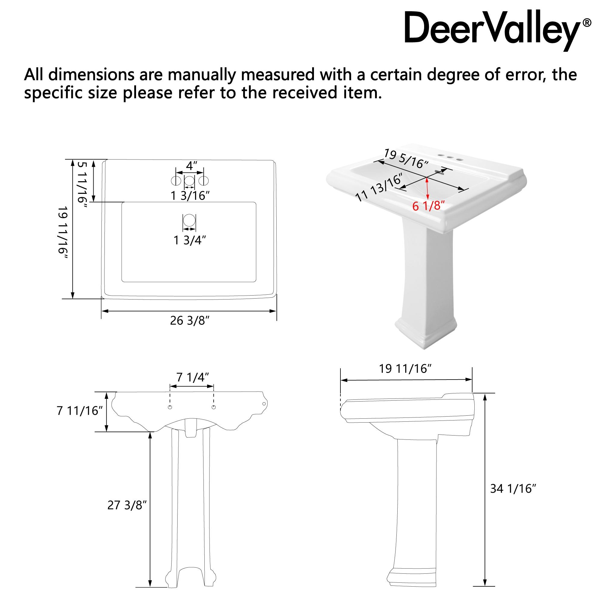 DeerValley Apex 34" Tall Rectangular Vitreous China Pedestal Bathroom Sink with Overflow DV-1P521
