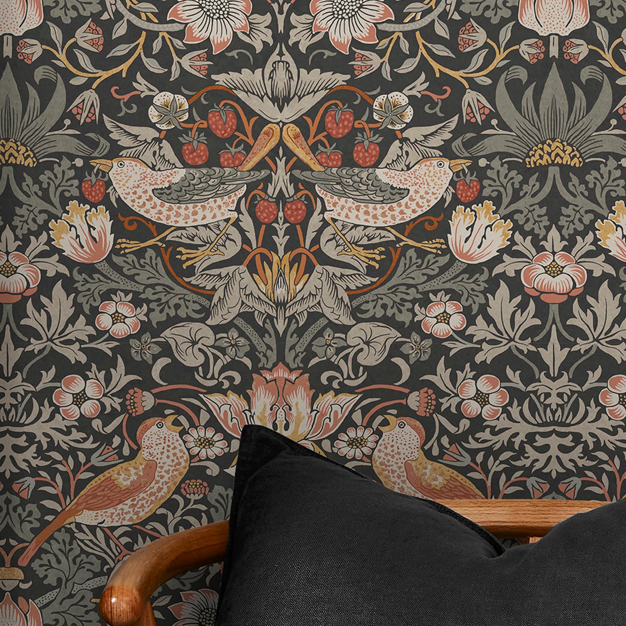 William Morris at Home Strawberry Thief Charcoal Wallpaper