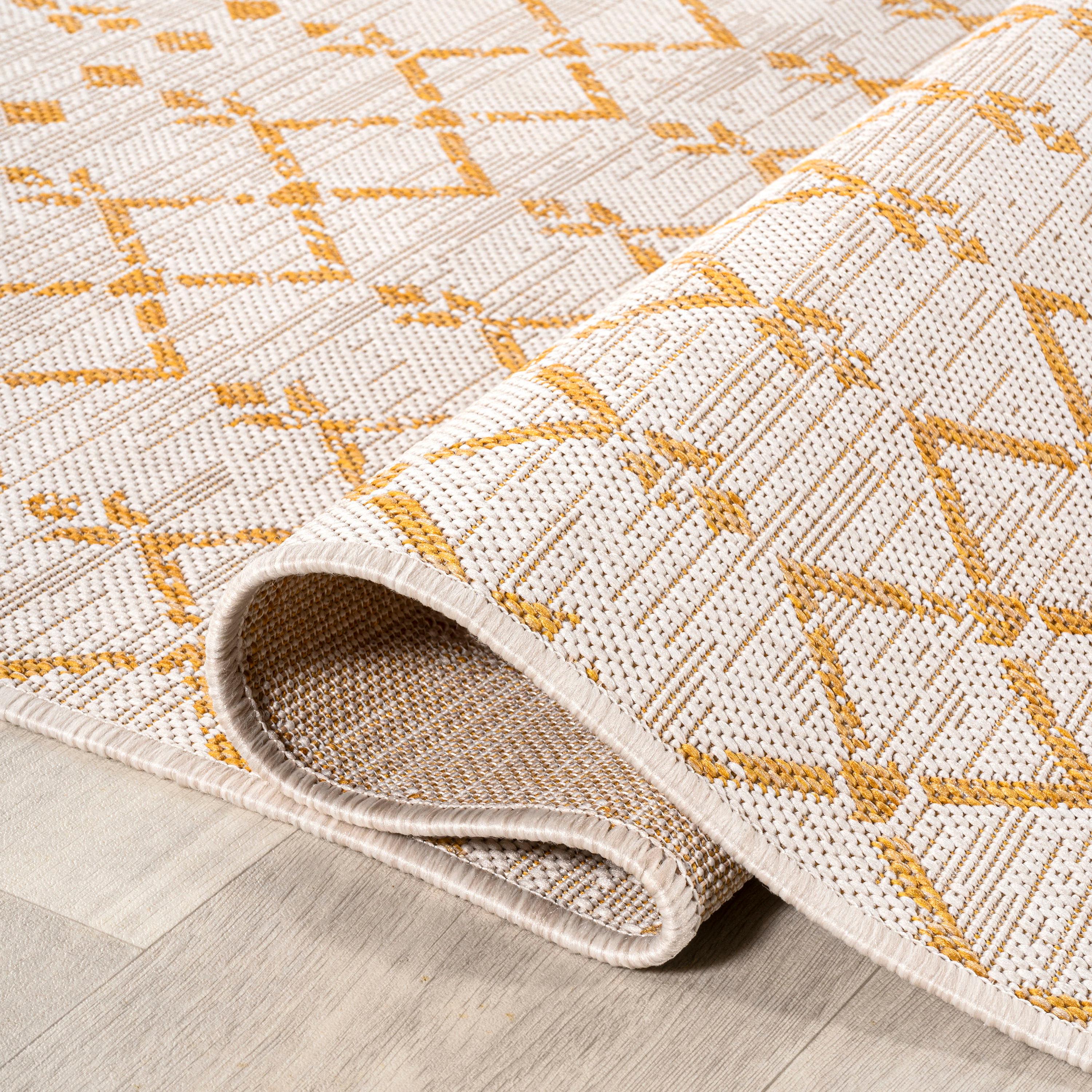 2' x 10' Ourika Moroccan Geometric Textured Weave Indoor/Outdoor Runner Rug, Cream/Yellow - JONATHAN Y