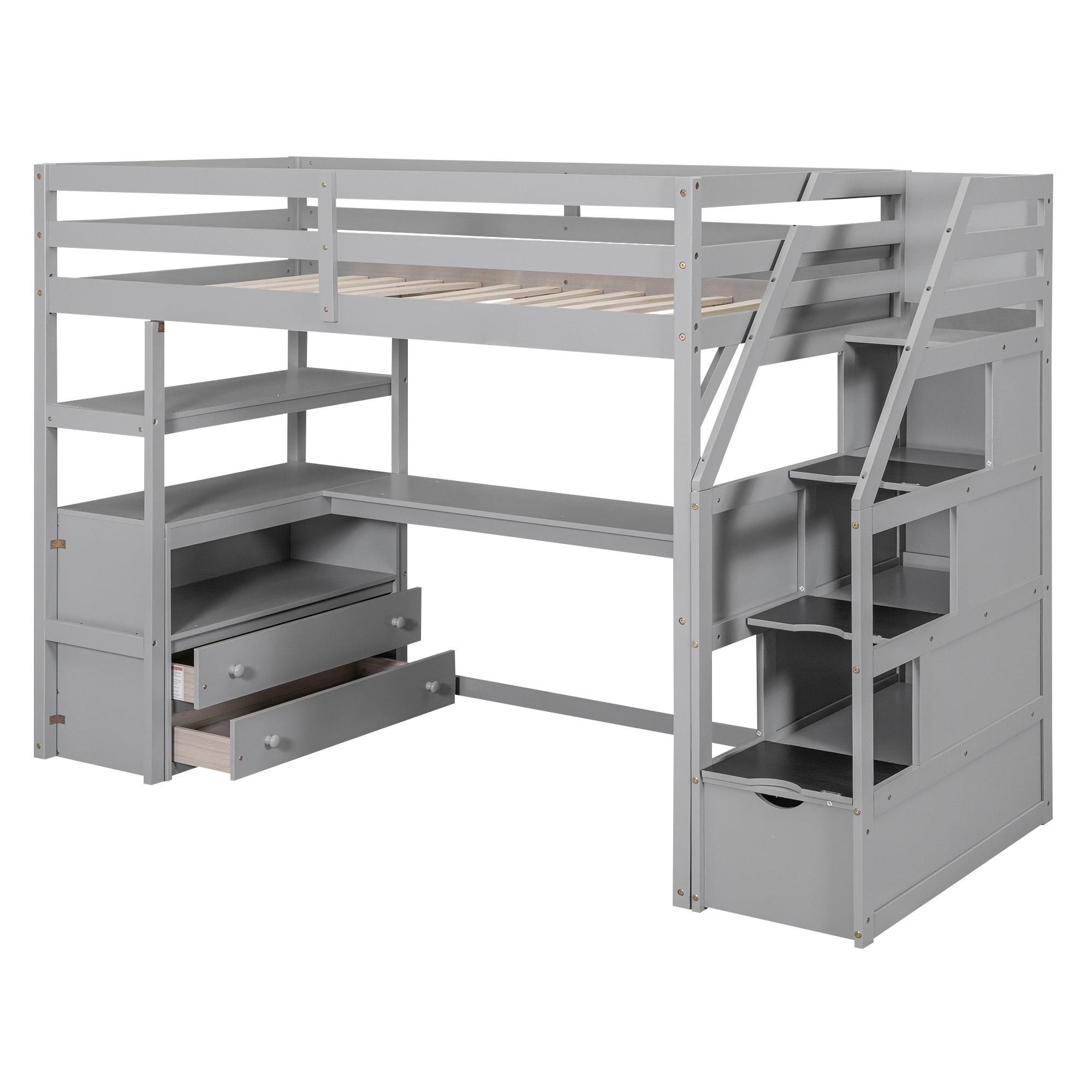 Stairway Twin Size Loft Bed with L Shape Desk, Shelves, Two Tier Drawers and Storage Staircase, Gray