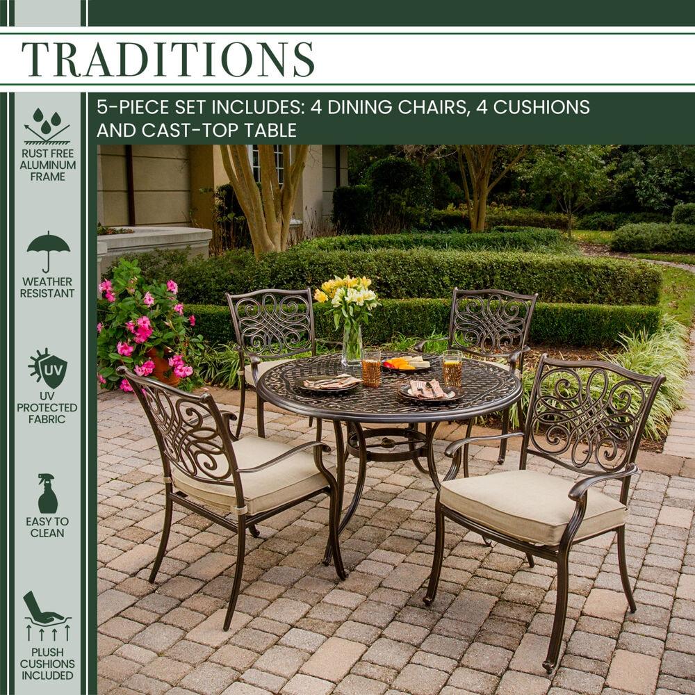 Hanover Traditions 5-Piece Rust-Free Aluminum Outdoor Patio Dining Set with Tan Cushions, 4 Dining Chairs and Aluminum Round Dining Table, TRADITIONS5PC