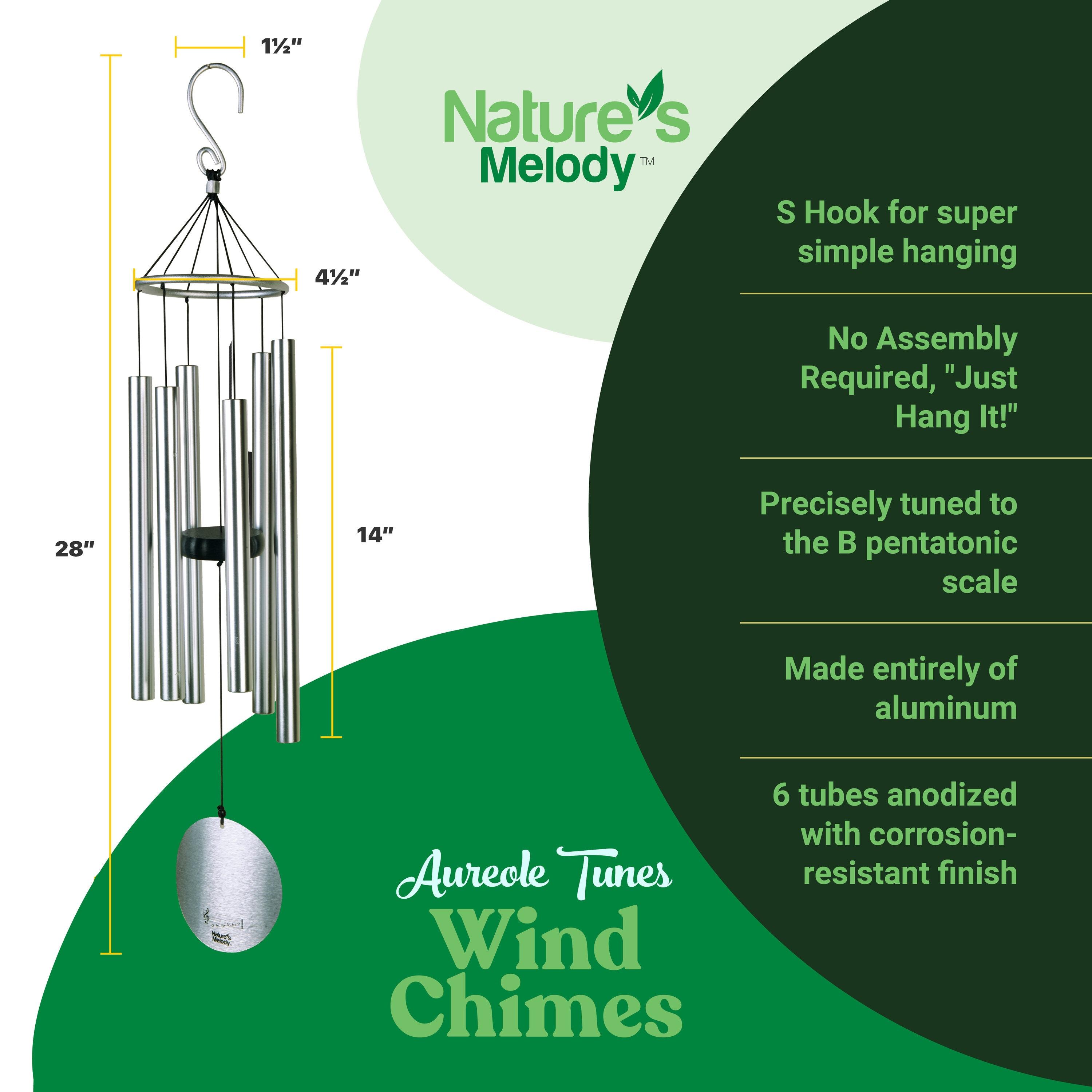 Nature's Melody Aureole Tunes Wind Chimes - 6-Tube Rustproof Aluminum Outdoor Windchime, B Pentatonic Scale - 28" - Silver