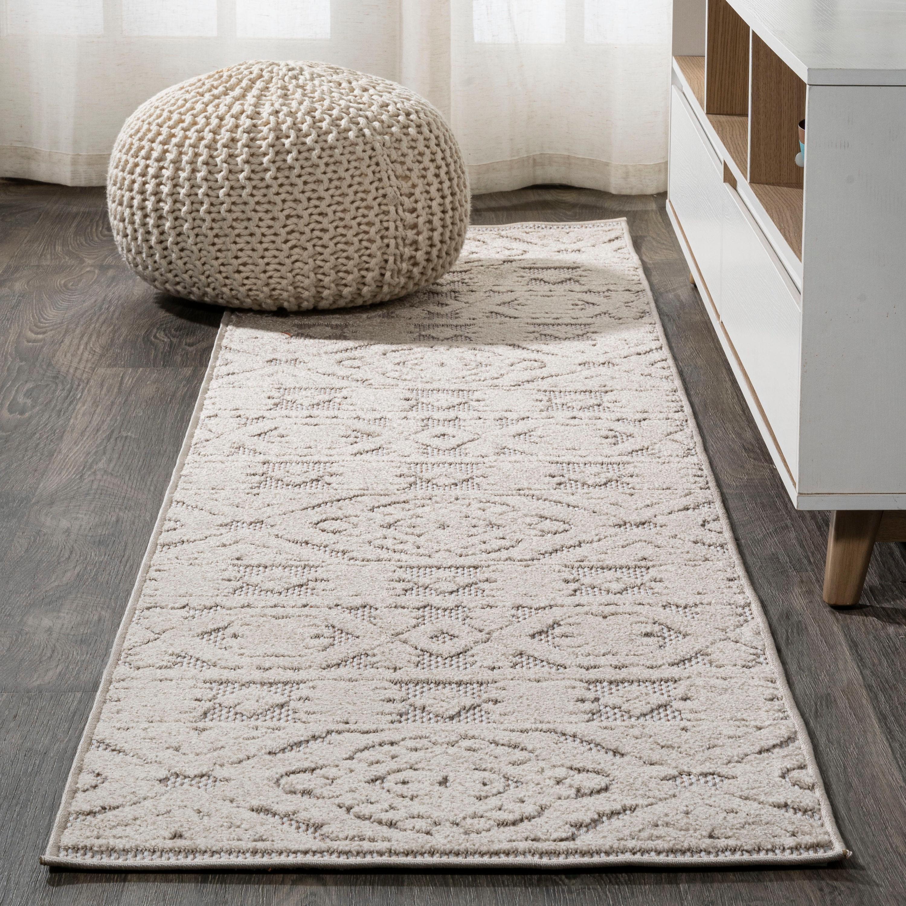 2'x8' Citta High-Low Pile Mediterranean Tile Indoor/Outdoor Runner Rug, Beige - JONATHAN Y