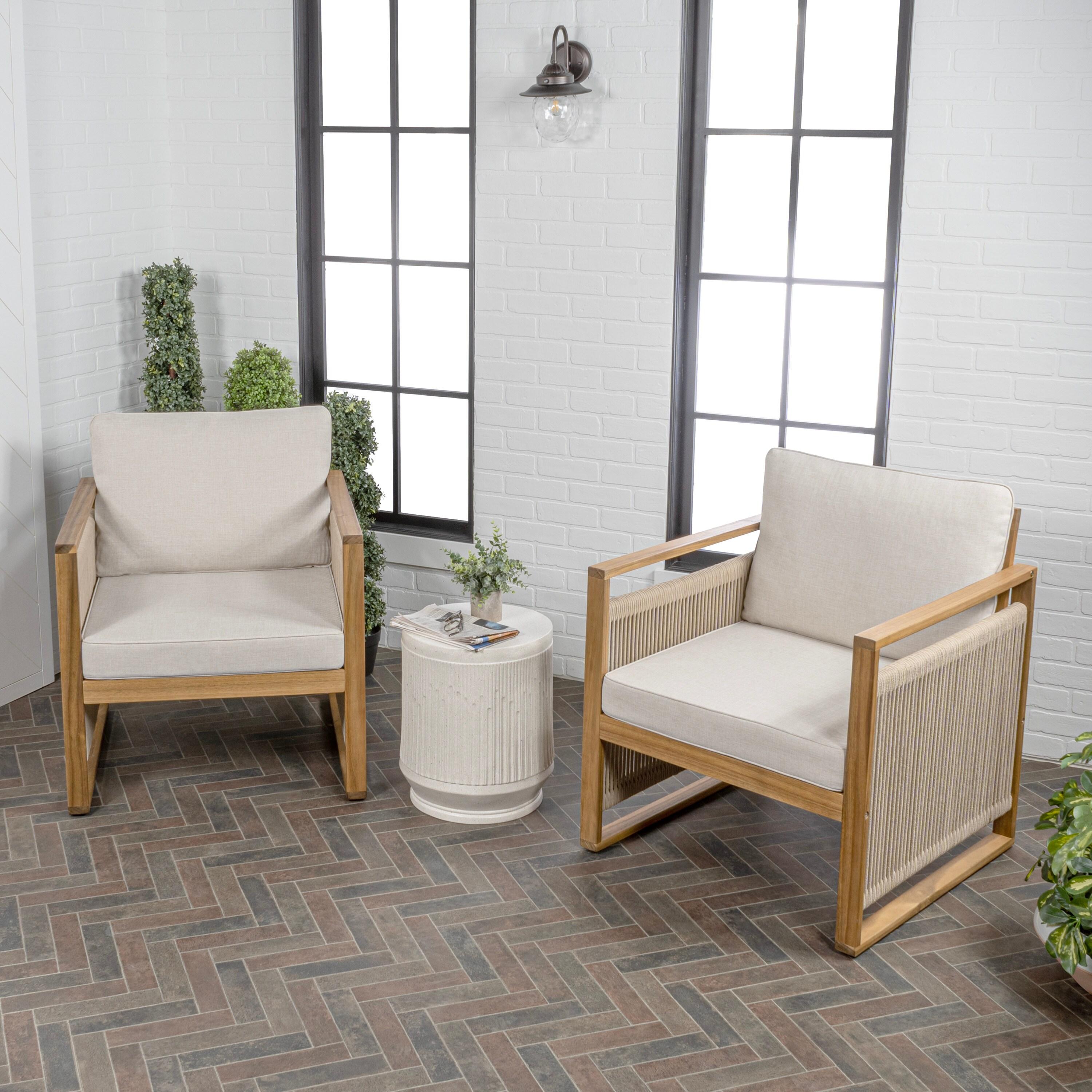 Gable Mid-Century Modern Roped Acacia Wood Outdoor Patio Chair with Cushions, Beige/Light Teak (Set of 2) - JONATHAN Y
