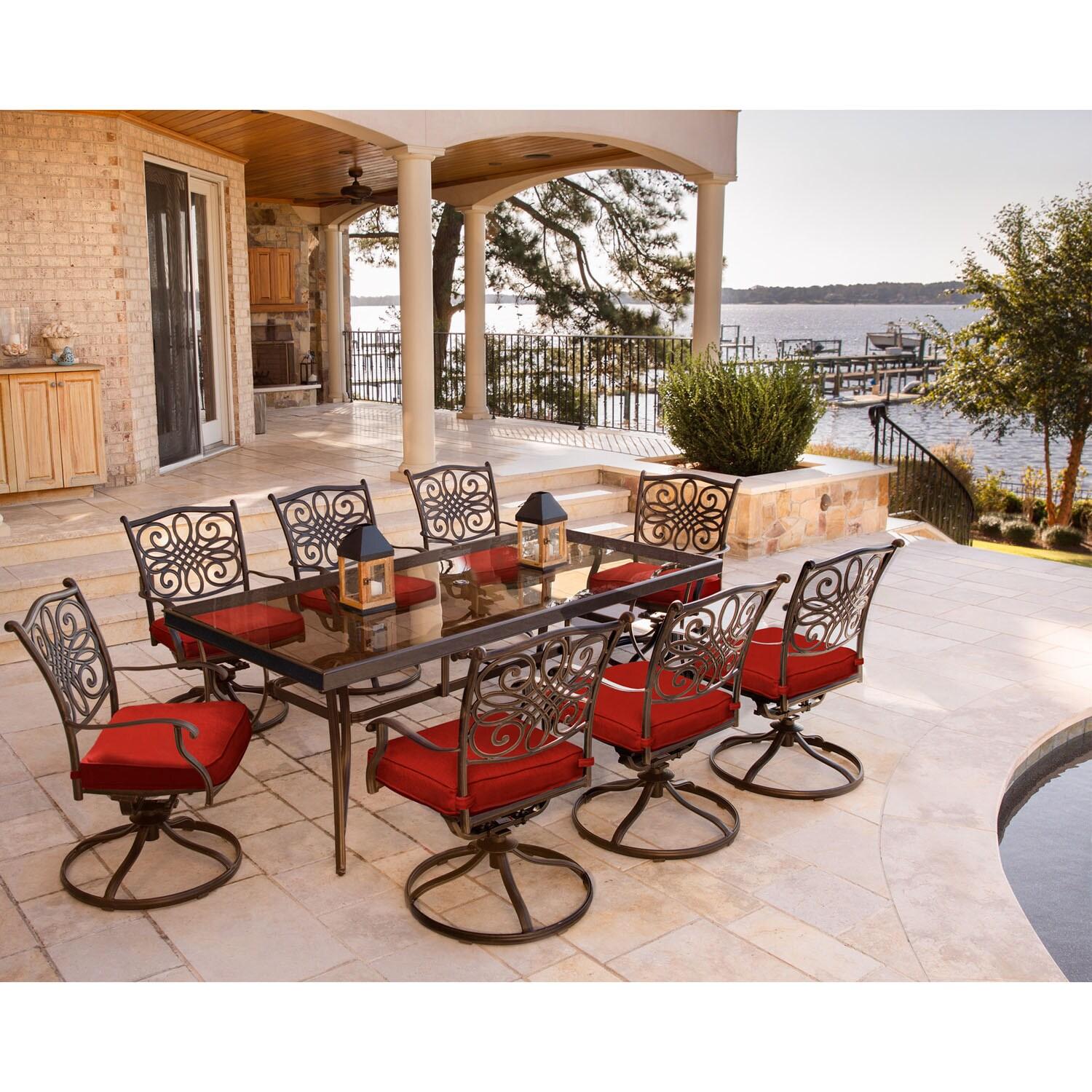 Elegant 8-Person Tempered Glass-Top Outdoor Dining Set with Red Cushions