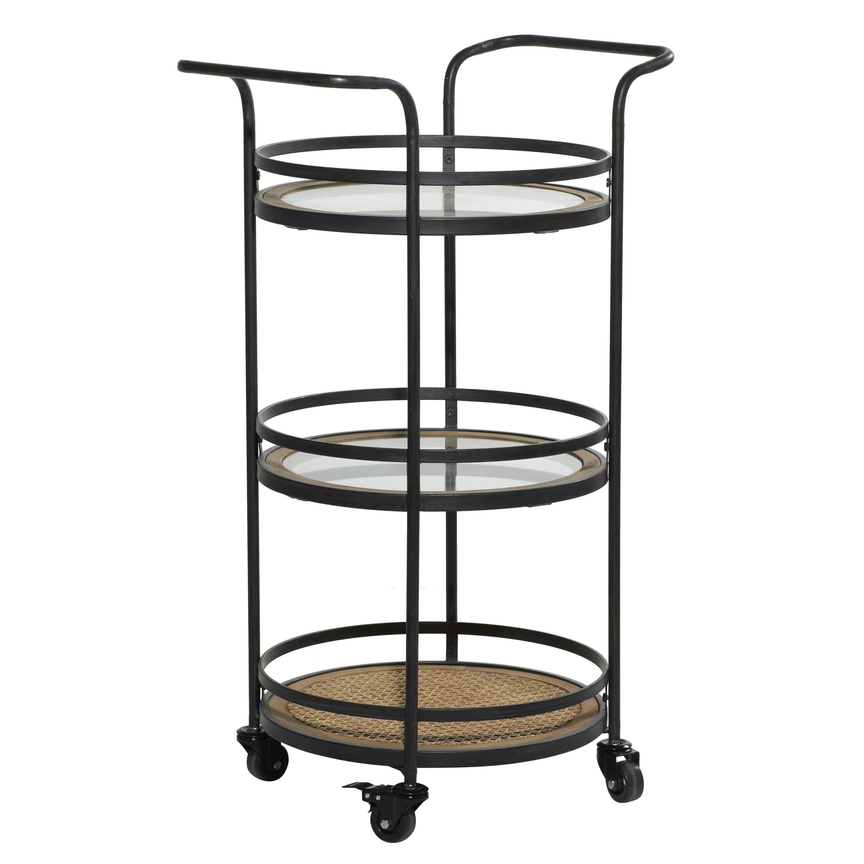 DecMode 21" x 35" Brown Metal Rolling 1 Rattan and 2 Glass Shelves Bar Cart with Handles, 1-Piece