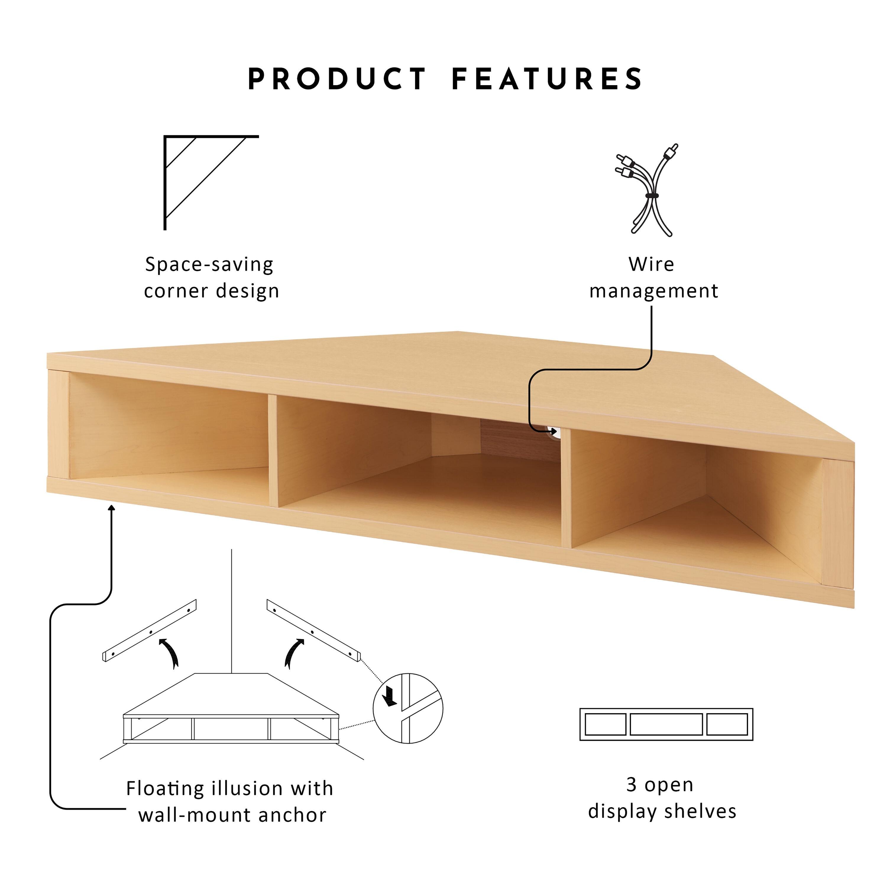 24/7 Shop At Home Tybo Open Shelves Corner Floating Console Fits TV Stand for TVs up to 50" Gingko Maple