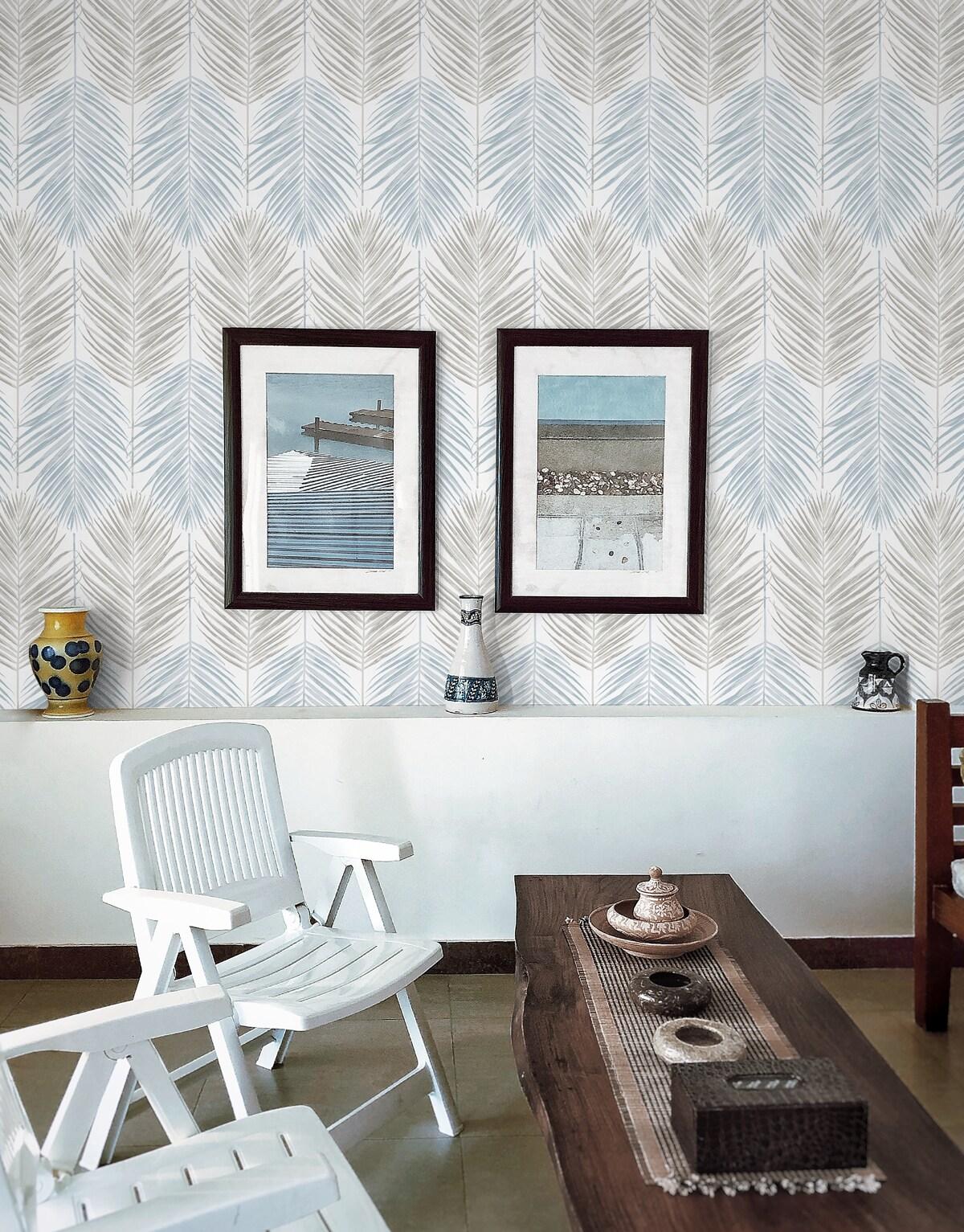 NextWall  Two Toned Palm Peel and Stick Wallpaper 20.5 in. W x 18 ft. L - Blue Mist & Daydream Grey