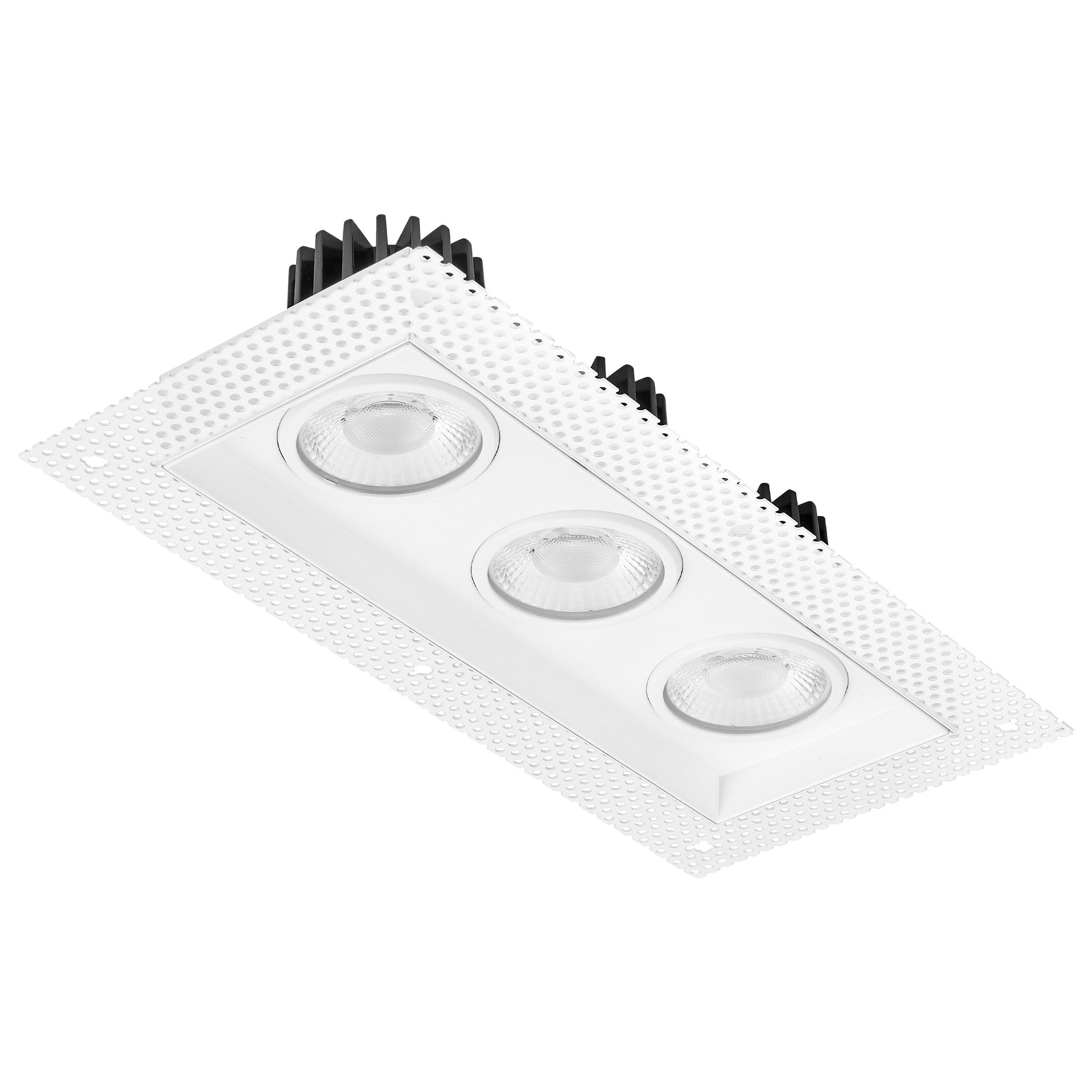 Maxxima 4 in. 3 Head Trimless LED Slim Square Recessed Anti-Glare Gimbal Downlight, White, Canless IC Rated, 3000 Lumens, 5 CCT 2700K-5000K