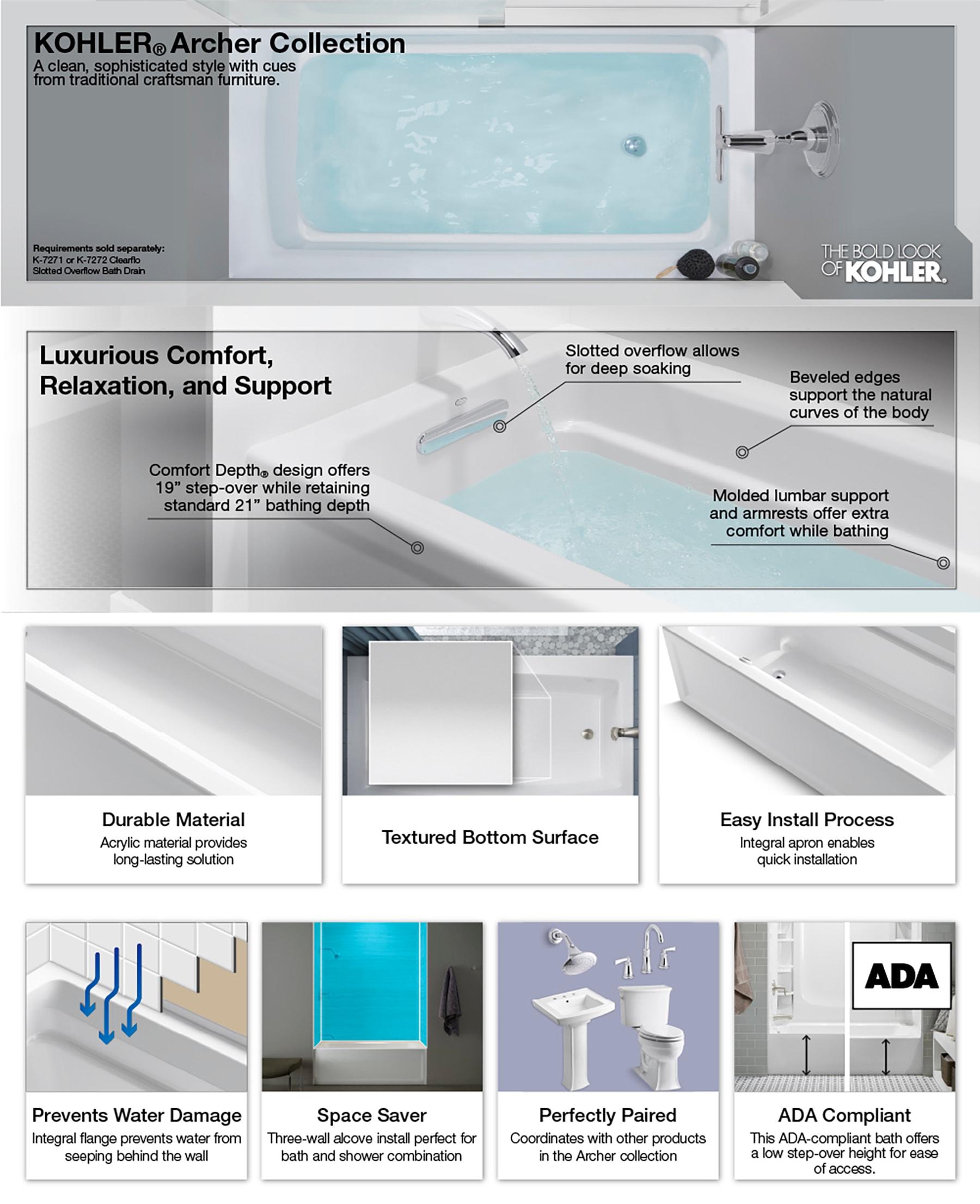 72" x 36" Acrylic Alcove Soaking Bathtub with Comfort Depth