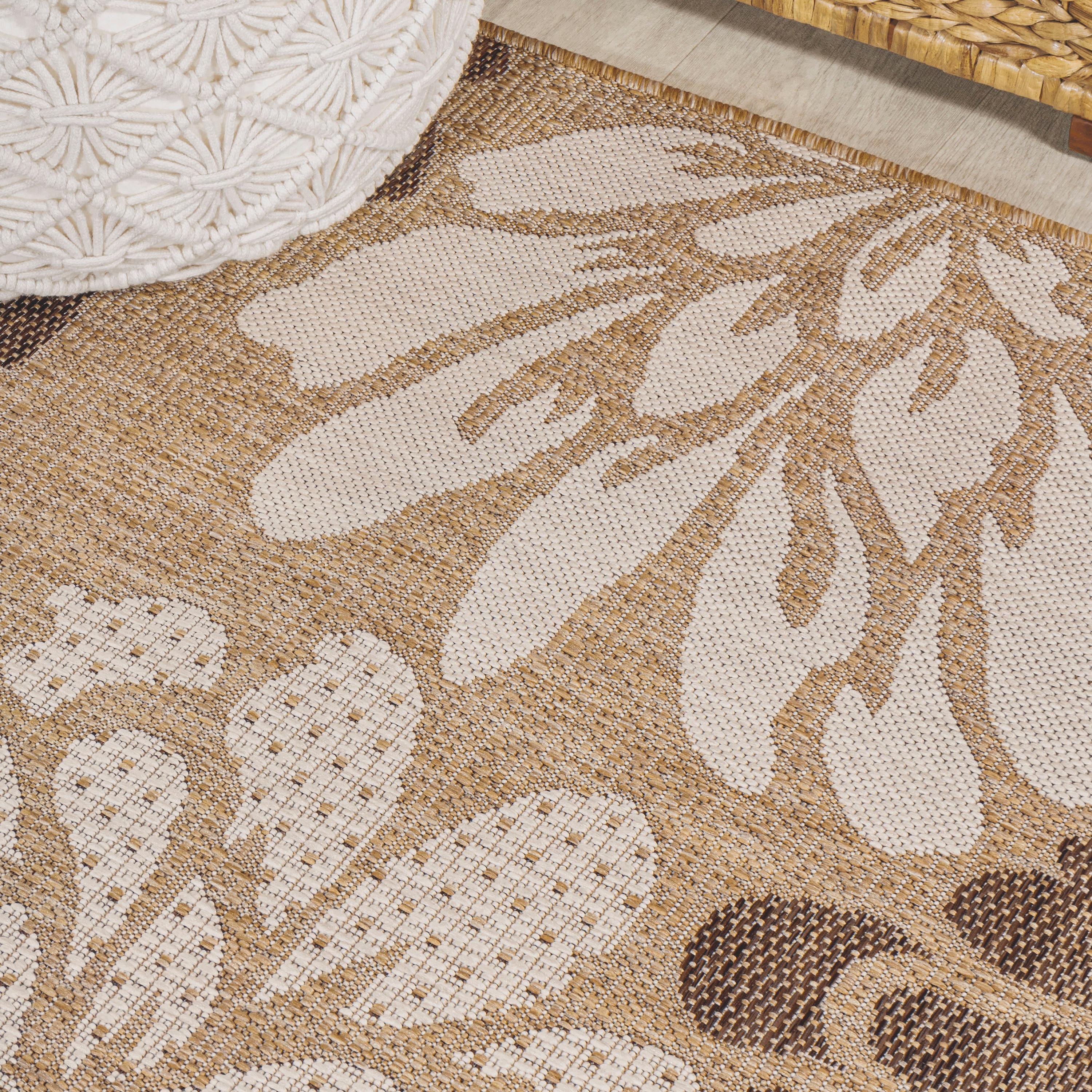 5' x 5' Zinnia Modern Floral Textured Weave Indoor/Outdoor Area Rug, Brown/Cream - JONATHAN Y