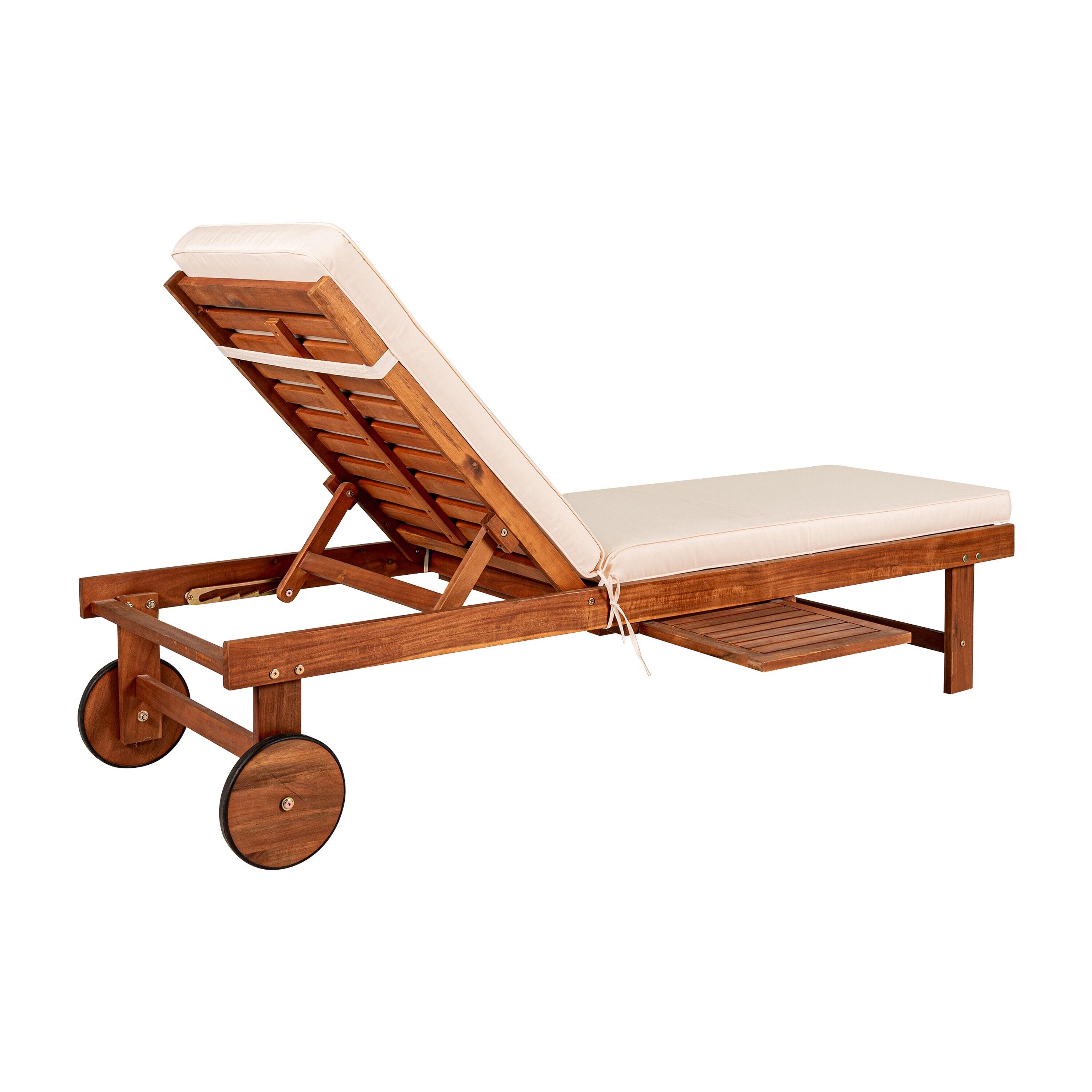 Seabrook 69 x 24 Inch Outdoor Acacia Wood Lounger with Cushion, 5-Position Back, Slide Table & Wheels, Light Brown -JONATHAN Y