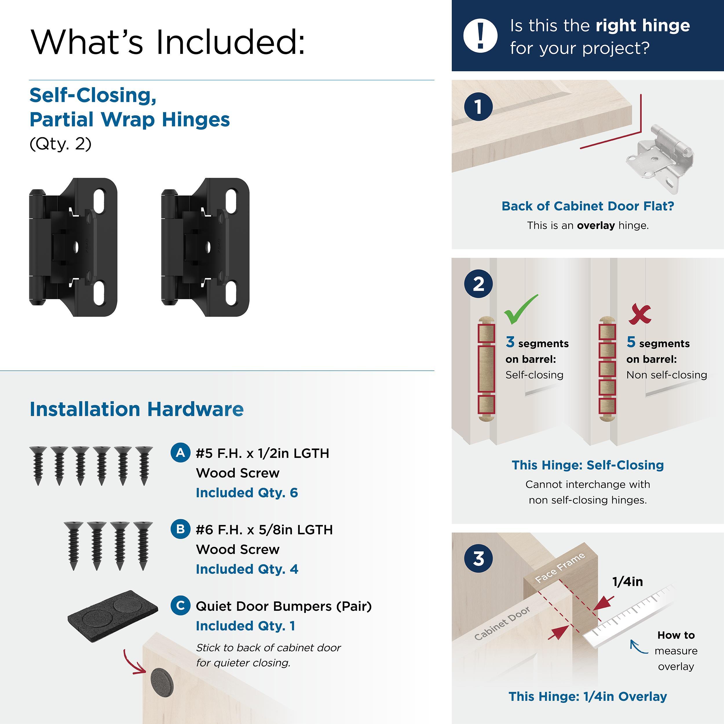 Amerock BPR7566FB Cabinet Hinge 1/4 in (6 mm) Overlay Self Closing Partial Wrap Matte Black Kitchen Cabinet Door Hinge 1 Pair/2 Pack Functional Hardware