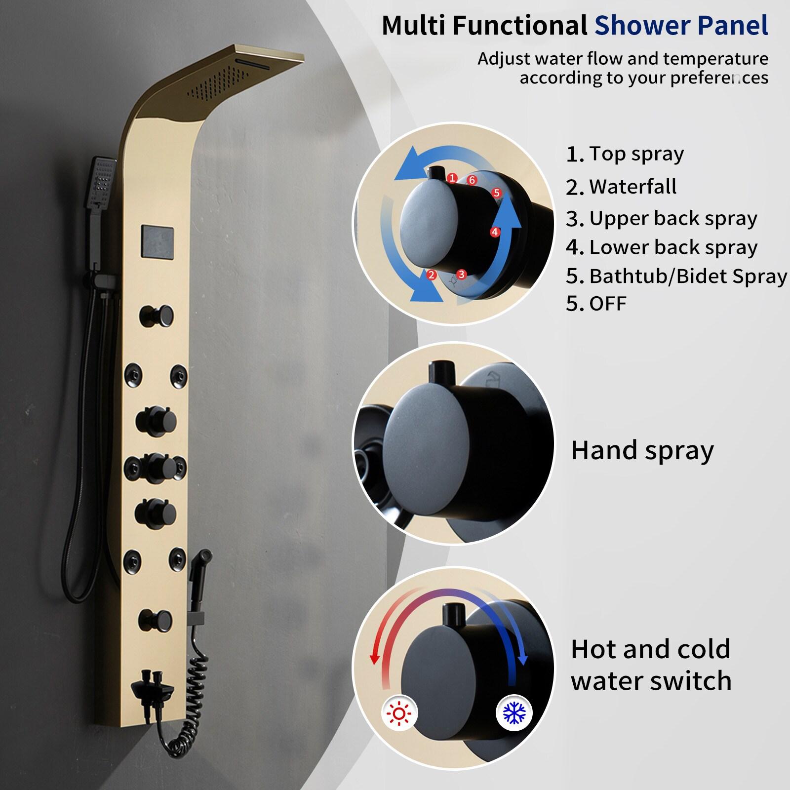 BWE 8-Jet Rainfall Shower Panel System with Rainfall Waterfall Shower Head and Shower Wand in