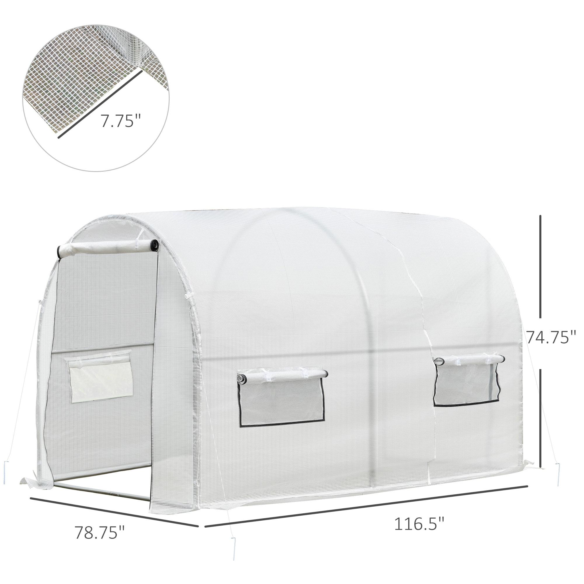 Outsunny 9.6' x 6.5' x 6.2' Walk-In PE Greenhouse with 2 Roll-up Zipper Doors & 6 Roll-up Windows for Plants, White