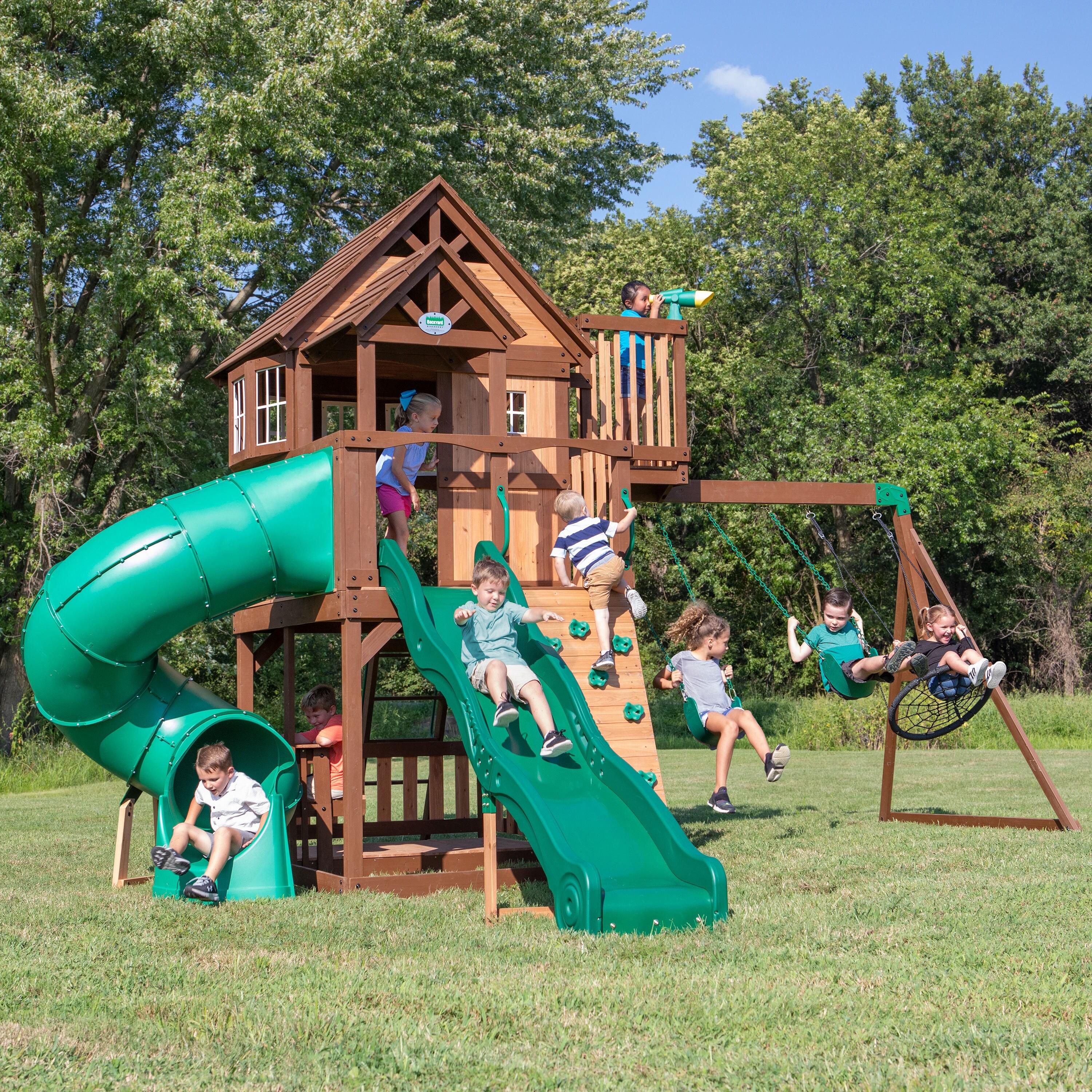 Backyard Discovery Skyfort with Tube Slide Swing Set