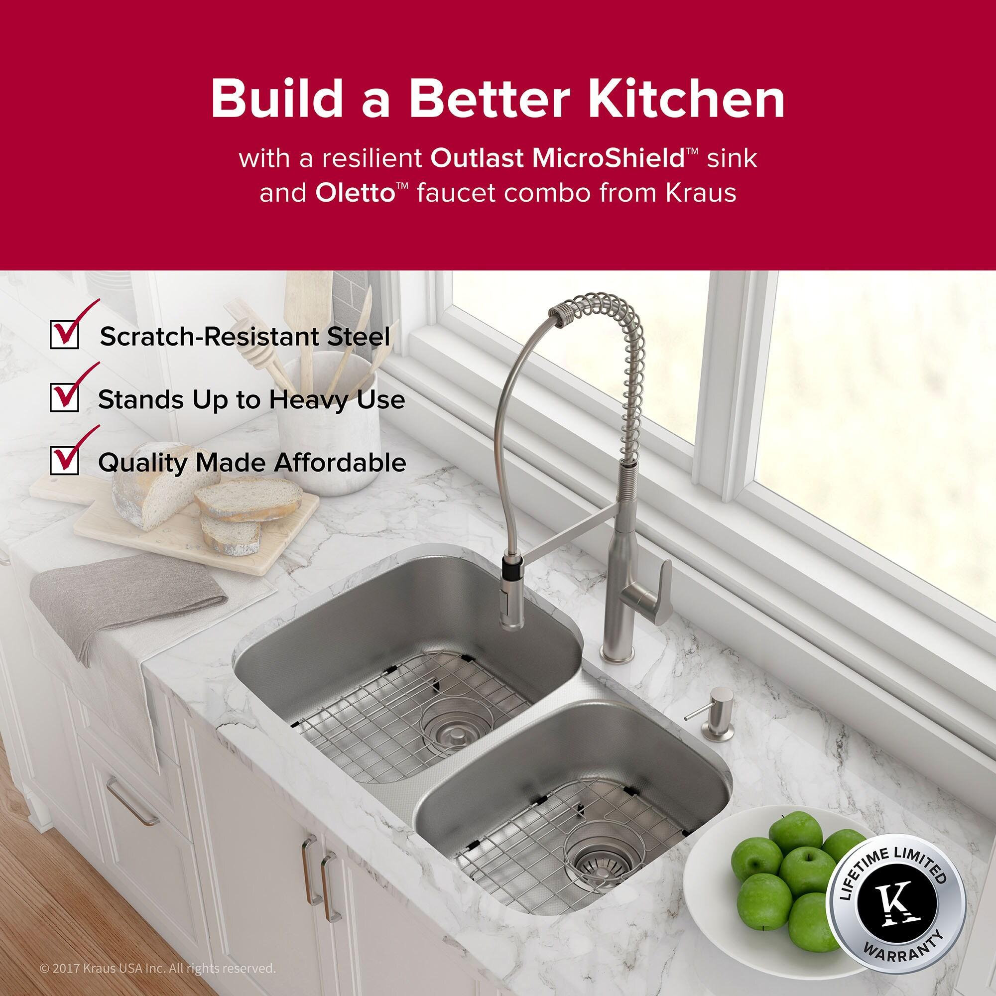 KRAUS Outlast MicroShield™ Scratch-Resist Stainless Steel Undermount 60/40 Double Bowl Sink, 32" L 16 Gauge