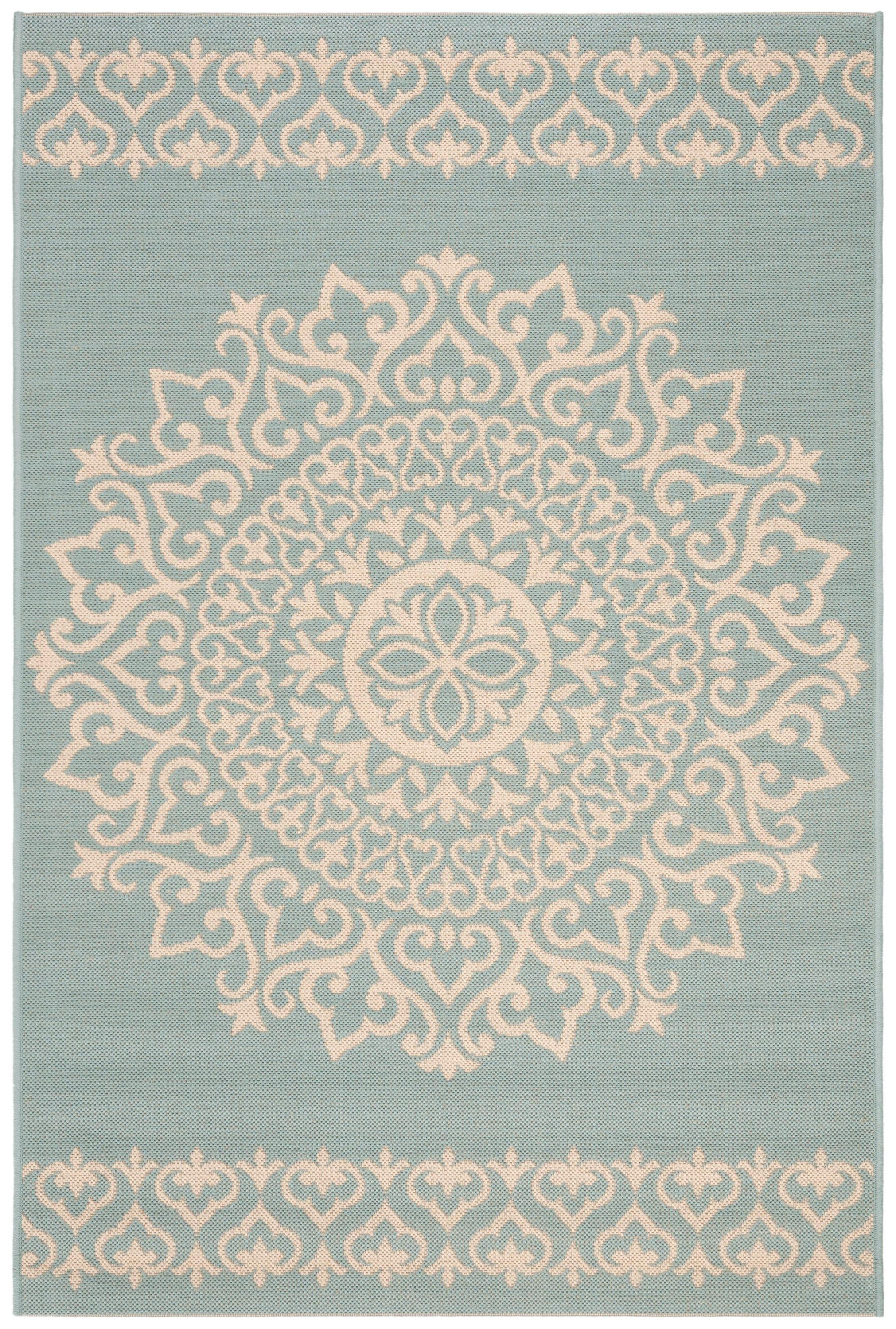 SAFAVIEH Beach House Braiden Medallion Indoor/Outdoor Area Rug Cream/Aqua, 4' x 6'