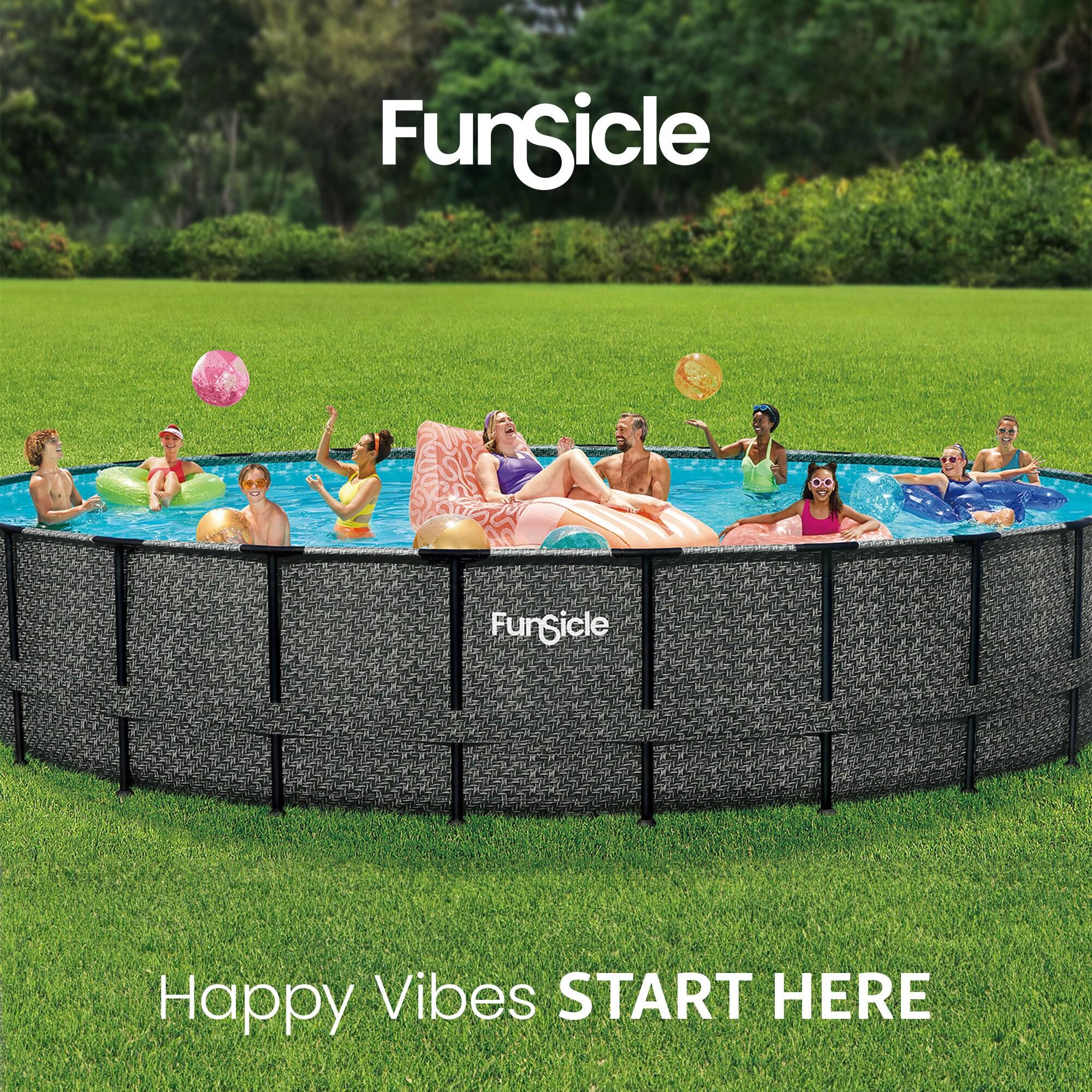 Funsicle 24 Feet by 52 Inches Oasis Designer Round Frame Above Ground Swimming Pool with SkimmerPlus Filter Pump and Cover, Dark Herringbone Pattern