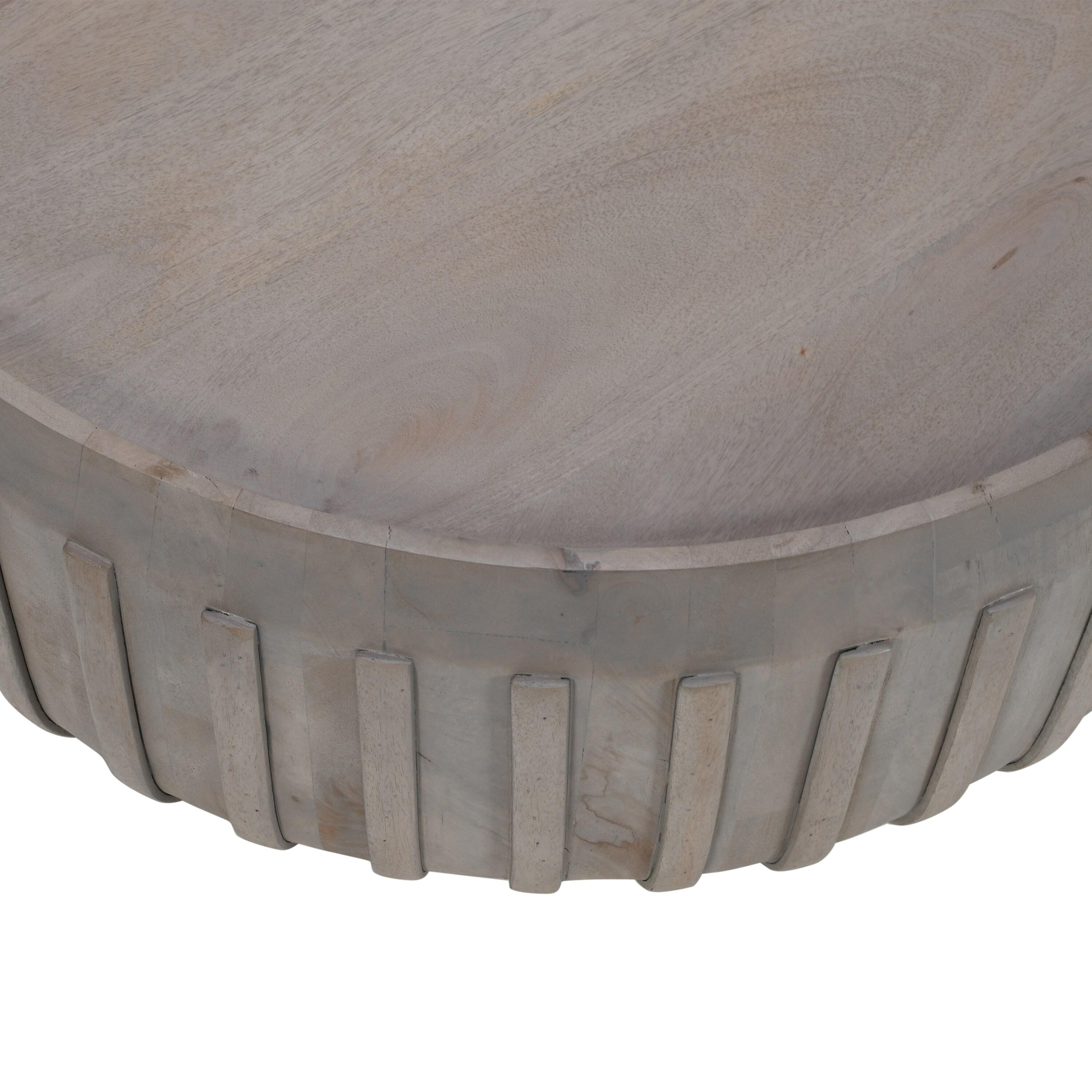 The Urban Port 36" Coffee Table Handcrafted Drum Shape with Ribbed Edges Gray Mango Wood Gray