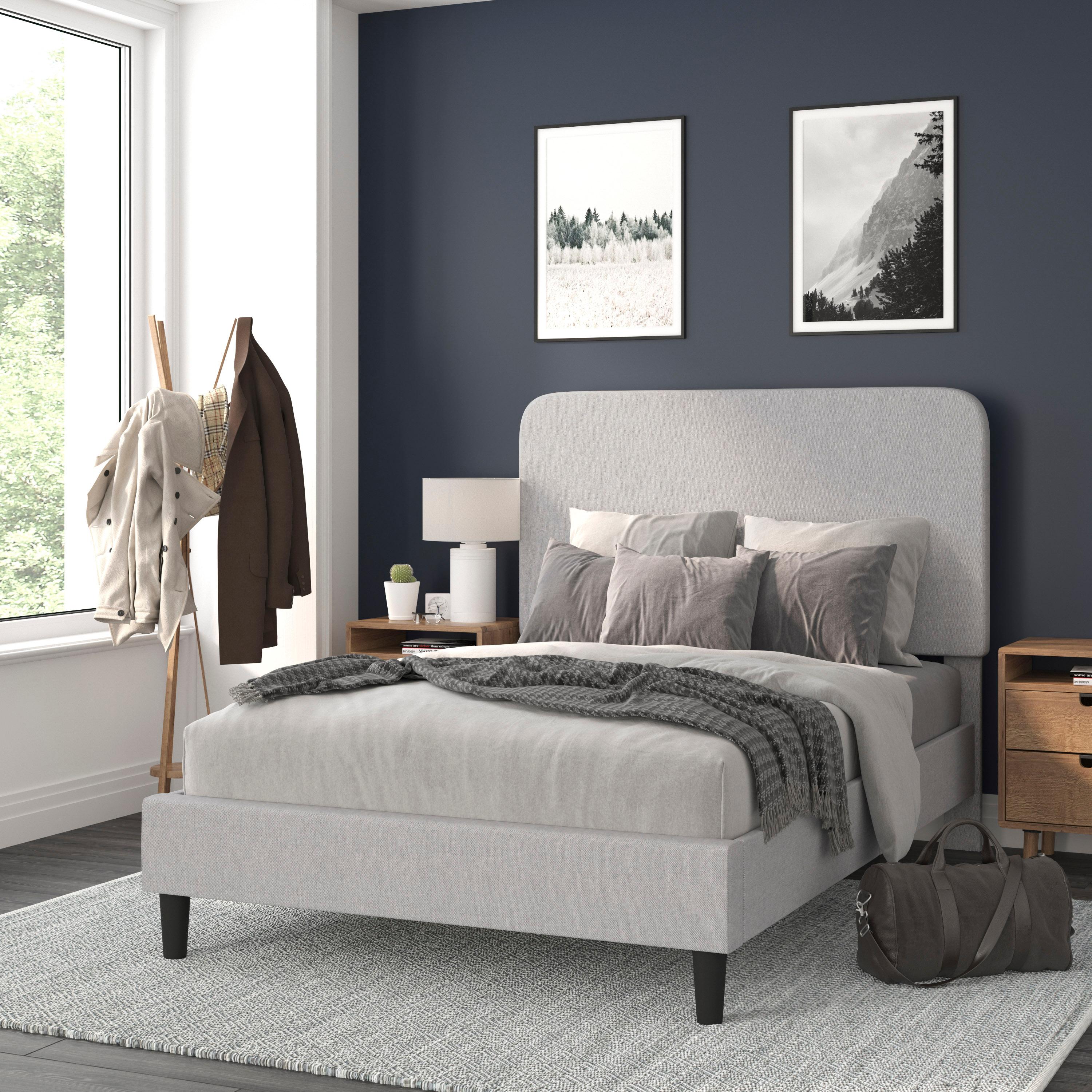 Addison Full Double Light Grey Upholstered Platform Bed with Rounded Headboard