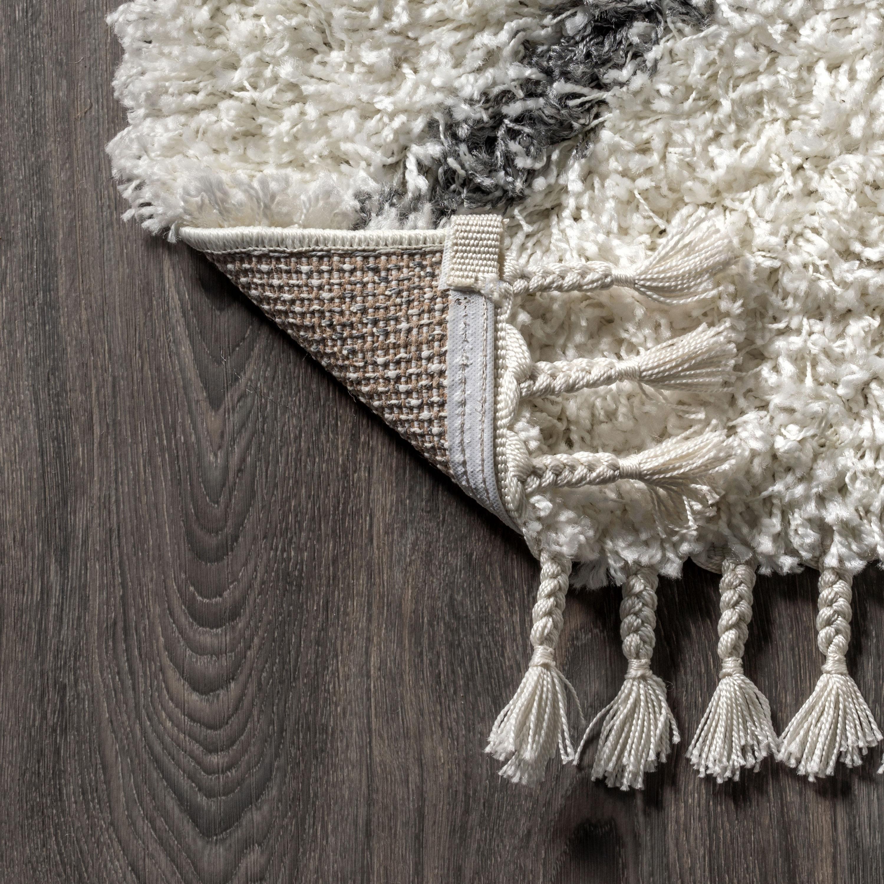 3'x5' Mercer Shag Plush Tassel Moroccan Diamond Area Rug, Cream/Grey - JONATHAN Y