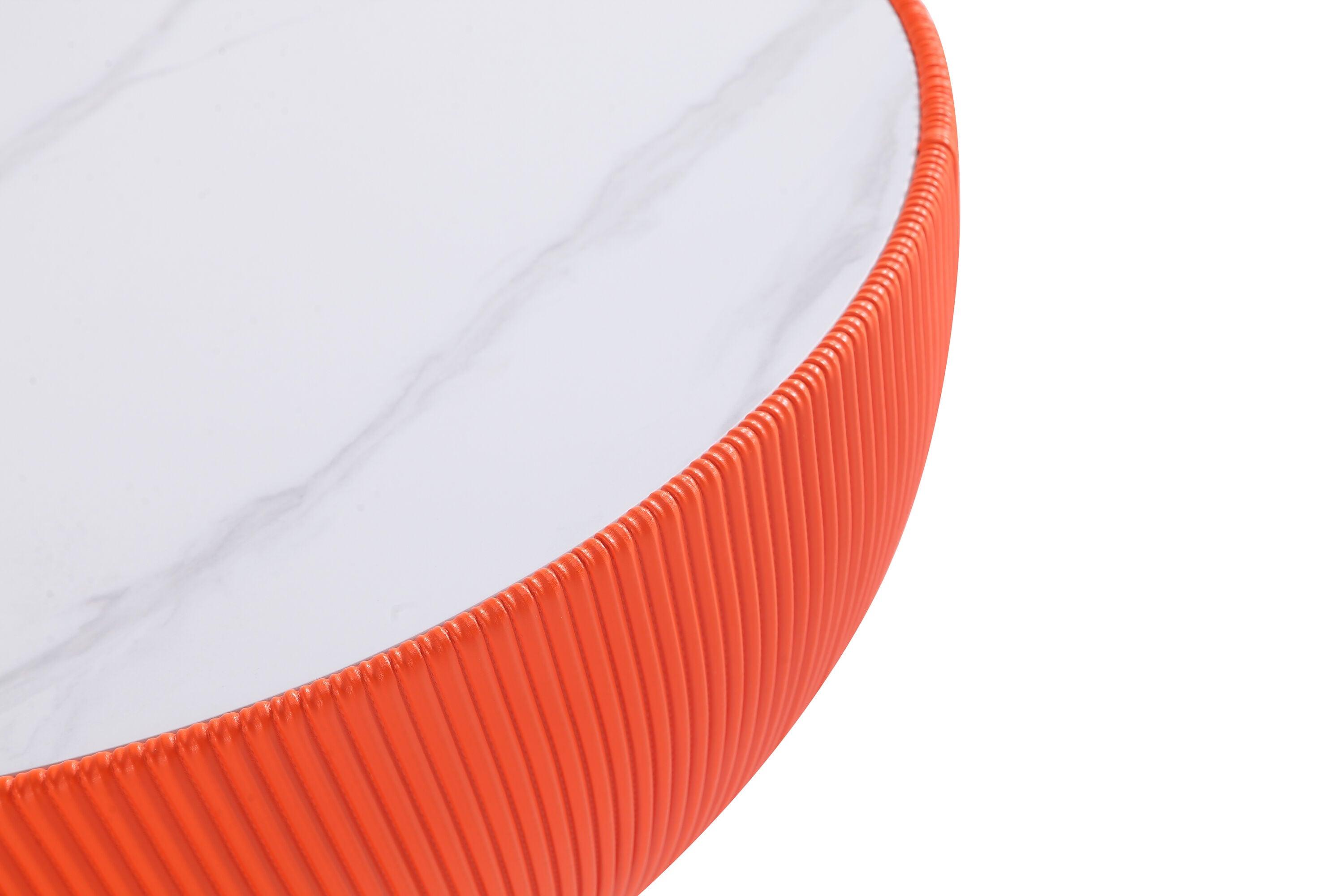 Manhattan Comfort 2pc Anderson Leatherette Upholstered Coffee Table and End Table with Metal Top Set Orange: Stainless Steel & Faux Marble