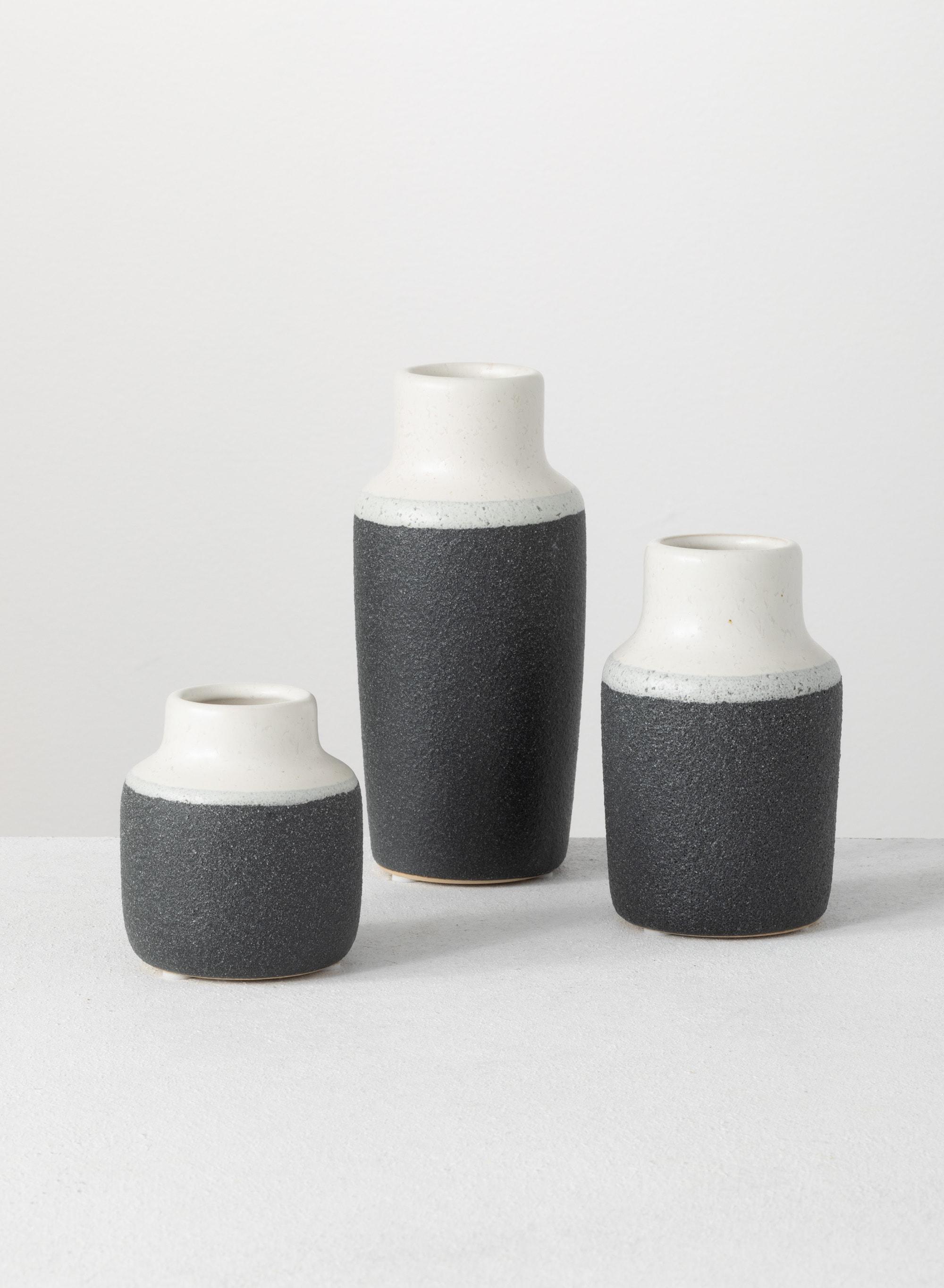 Sullivans Set of 3 Ceramic Vase 7"H, 5.25"H & 3.75"H White and Black