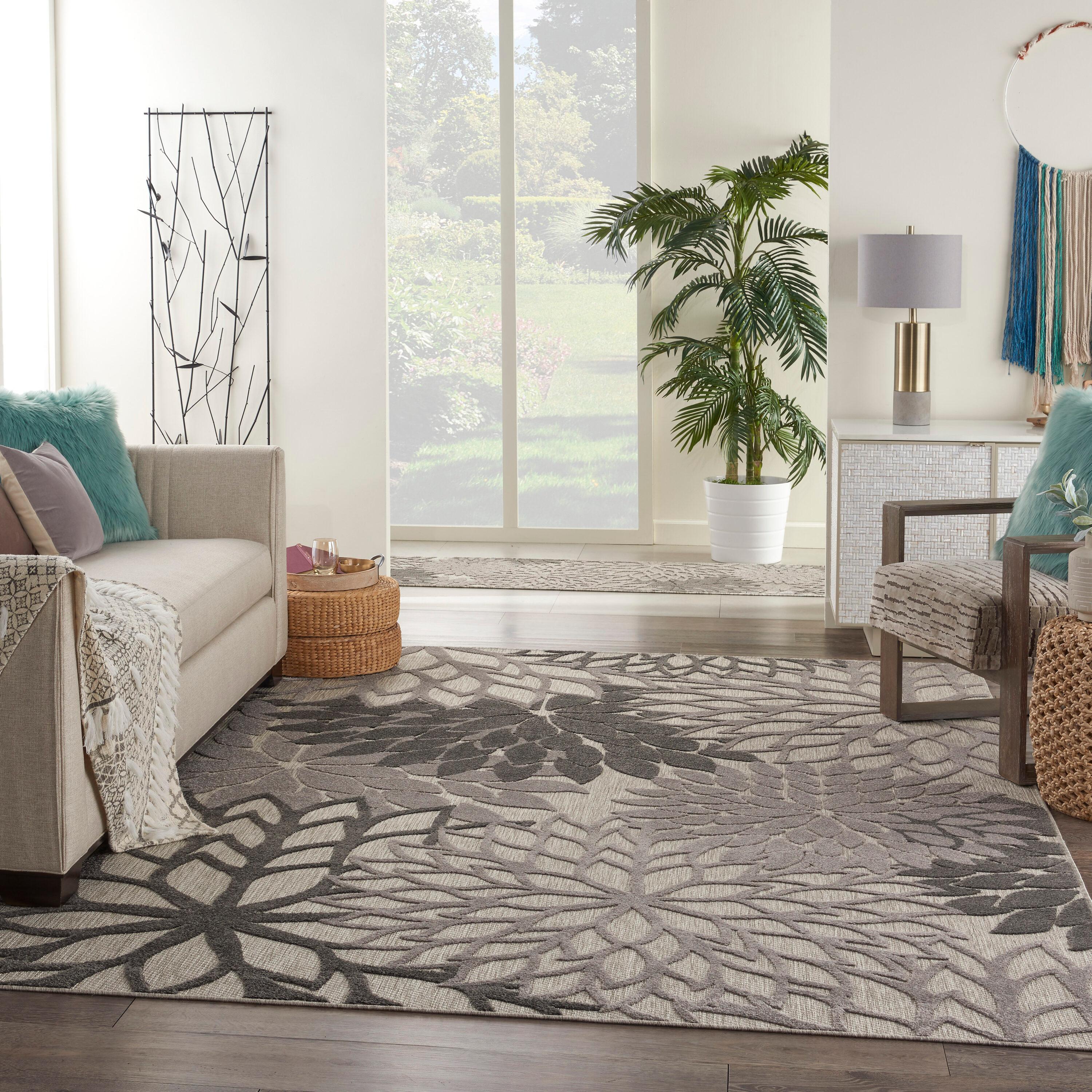 Nourison Aloha Floral Bloom Flatweave High-Low Indoor Outdoor Area Rug Silver Grey 7' x 10'