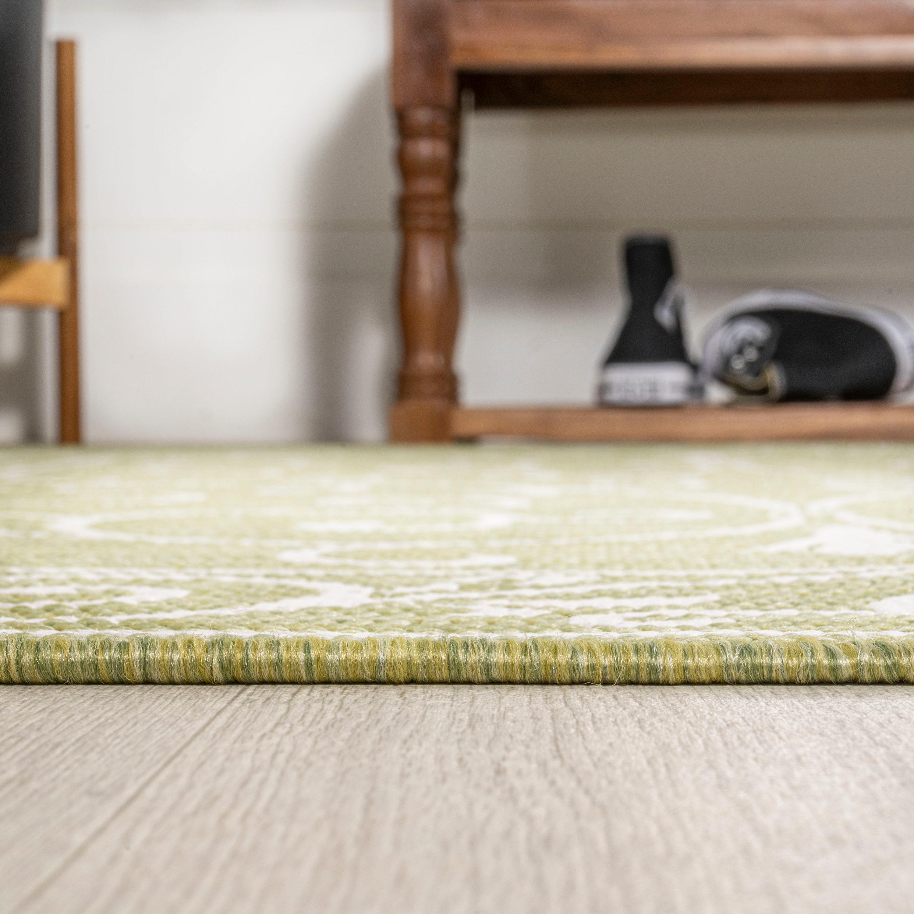 2' x 8' Charleston Vintage Filigree Textured Weave Indoor/Outdoor Runner Rug, Green/Cream - JONATHAN Y