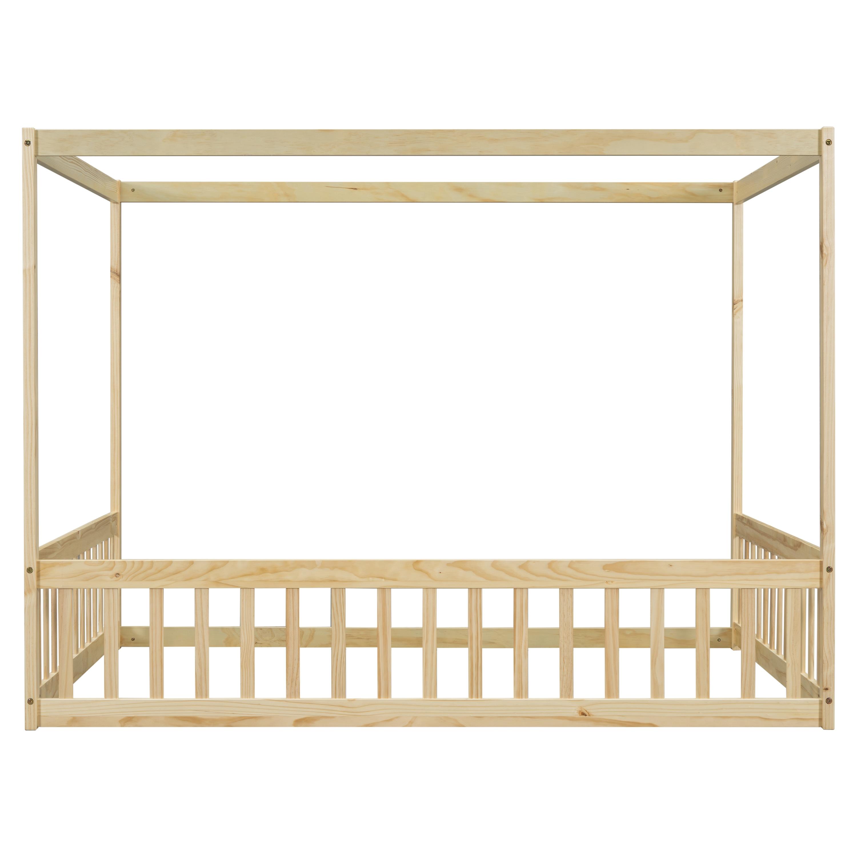 Canopy Frame Twin Size Floor Bed for Kids Bedroom,Wood Bed Frame with Fence for Boys/Girls/Teens,No Box Spring Needed,Natural