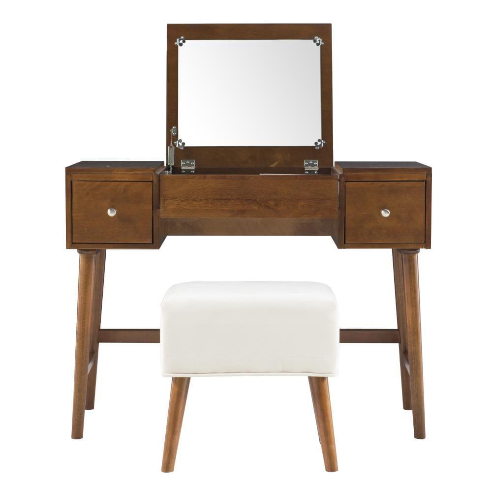 Viola Mid-Century Modern Flip-up Mirror 2 Drawer Vanity and Upholstered Stool Brown - Linon: Rubberwood, MDF, Lift-Top Storage