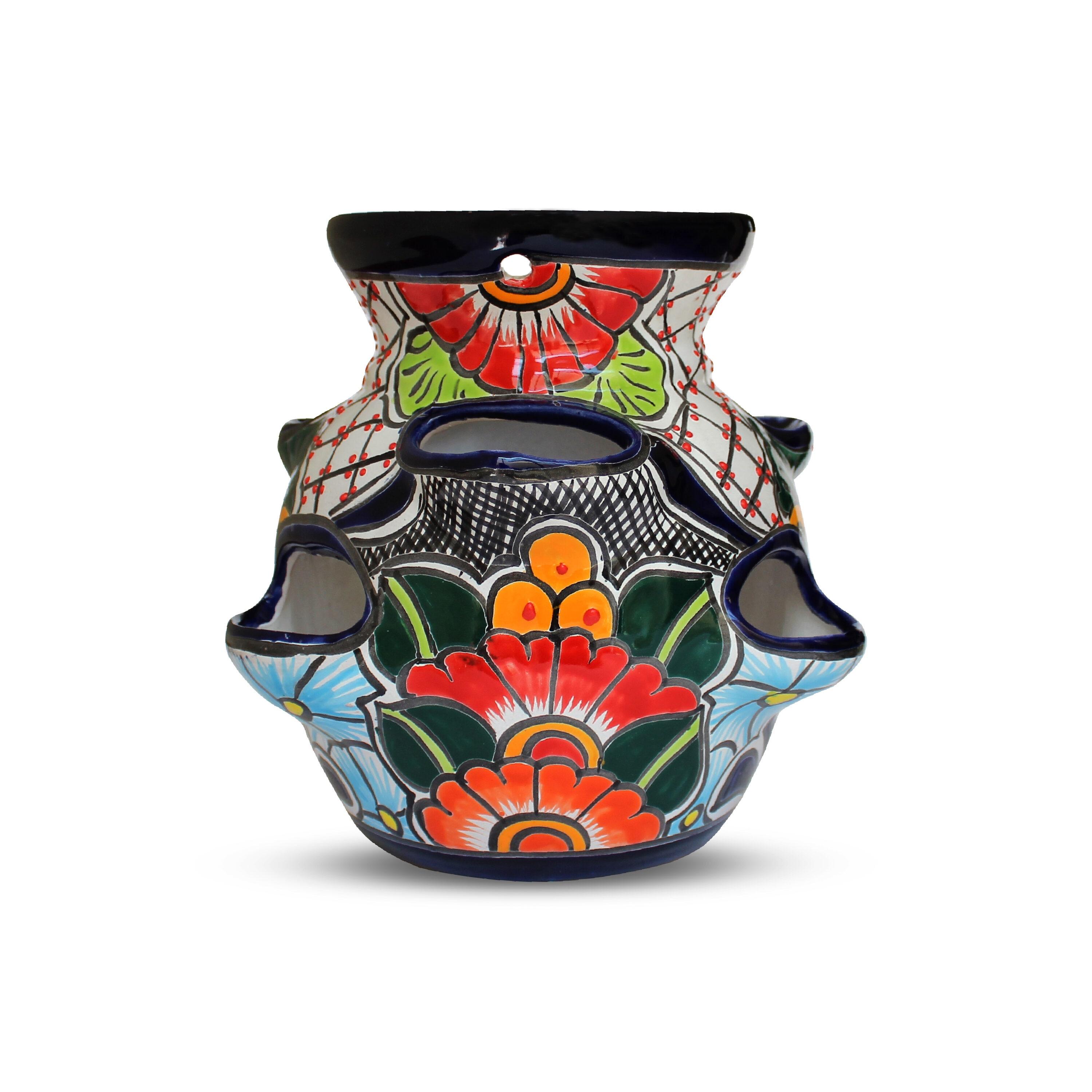 Talavera Sky Blue Ceramic Round Flower Planter with Drainage Holes
