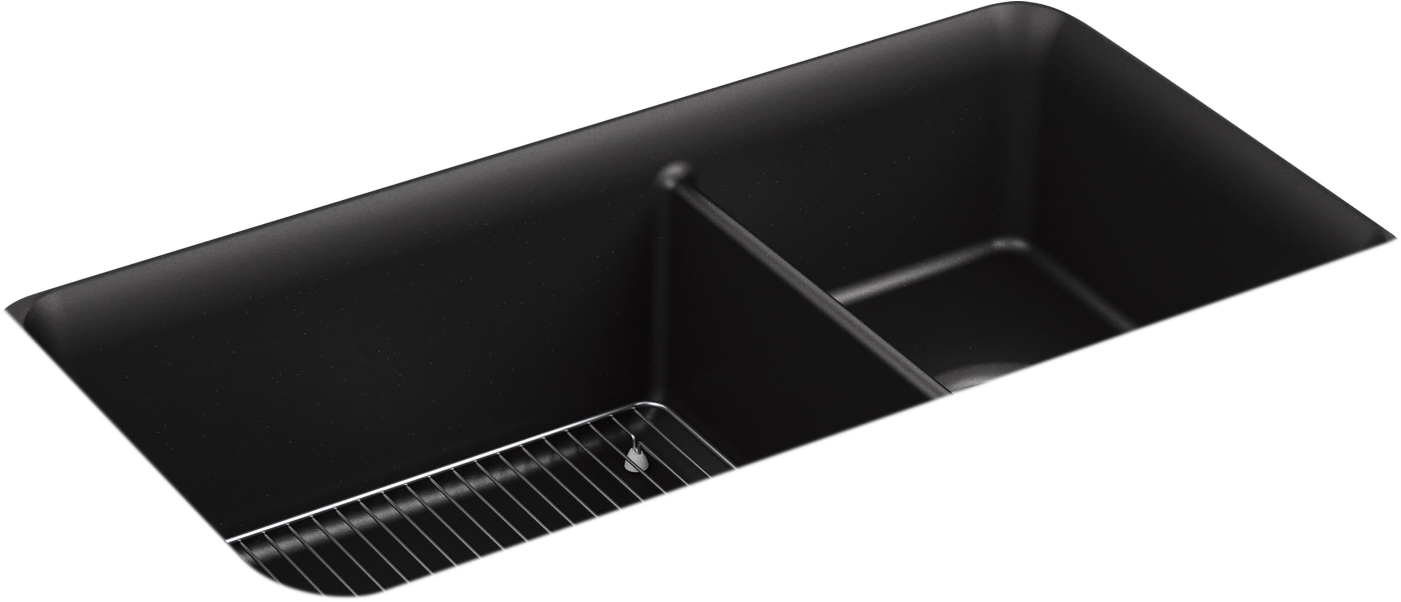 KOHLER K-8204-CM1 Cairn Sink, 33" Neoroc Composite Undermount Double-Bowl Kitchen Sink, Composite Kitchen Sink with Sink Rack, Matte Black