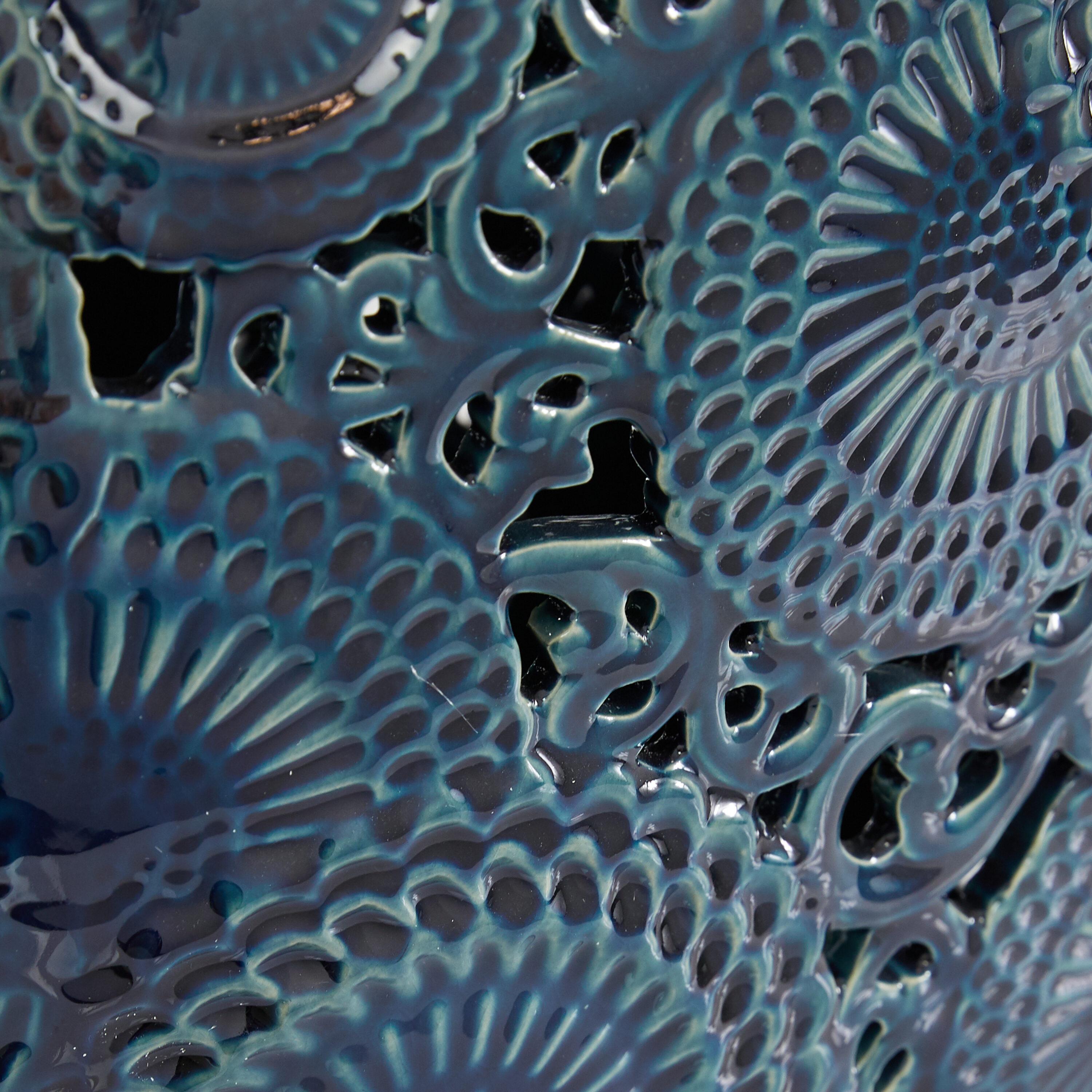 DecMode 16", 13"H Floral Blue Ceramic Vase with Cut Out Patterns, Set of 2