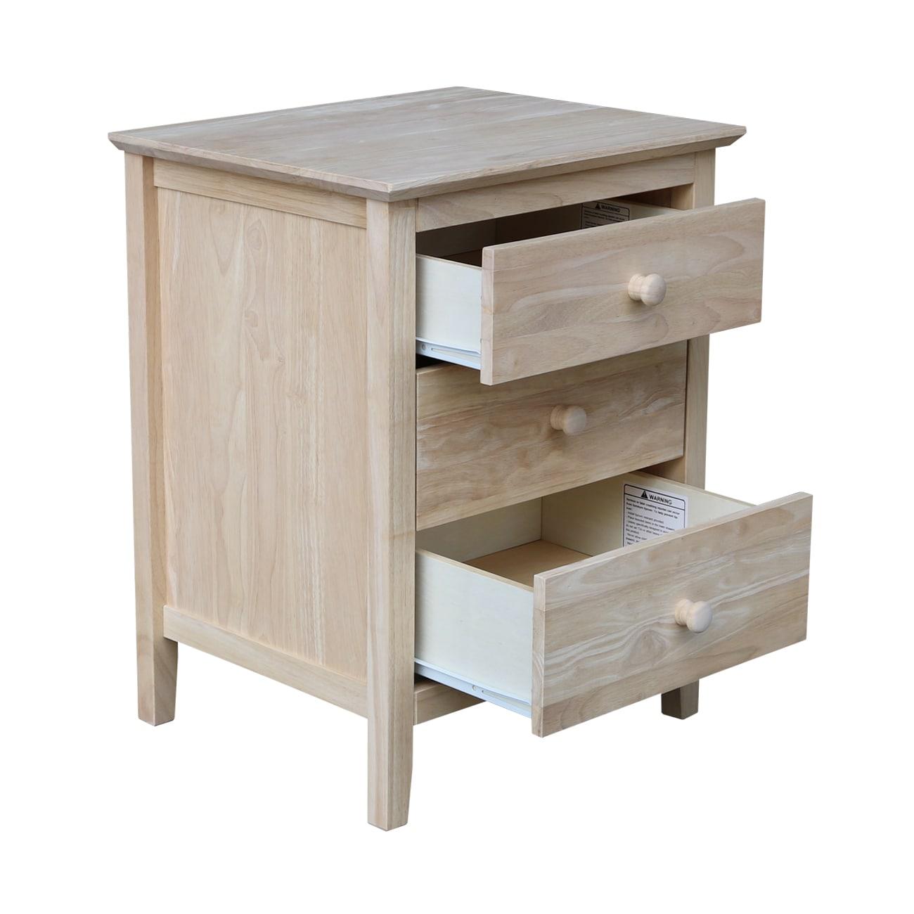 International Concepts Smith Nightstand with 3 Drawers - Unfinished : Hardwood Bedside Table, Storage Solution