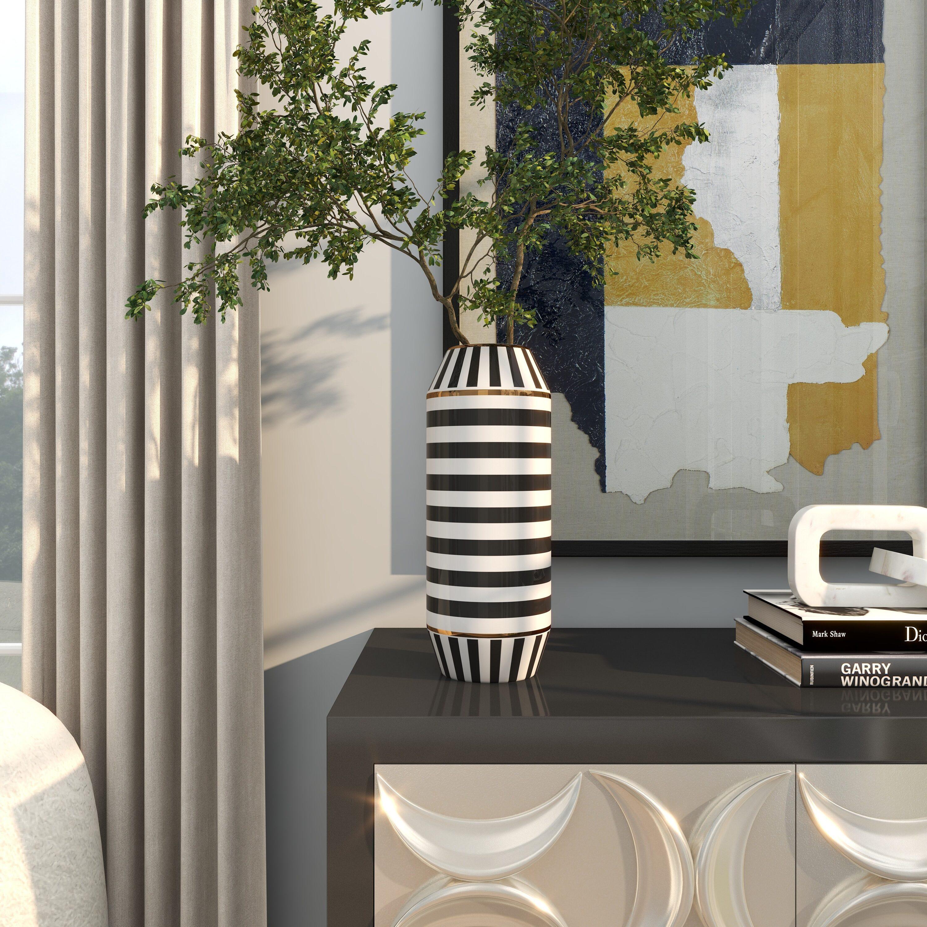 DecMode 13" Striped Black Ceramic Vase with Gold Accents