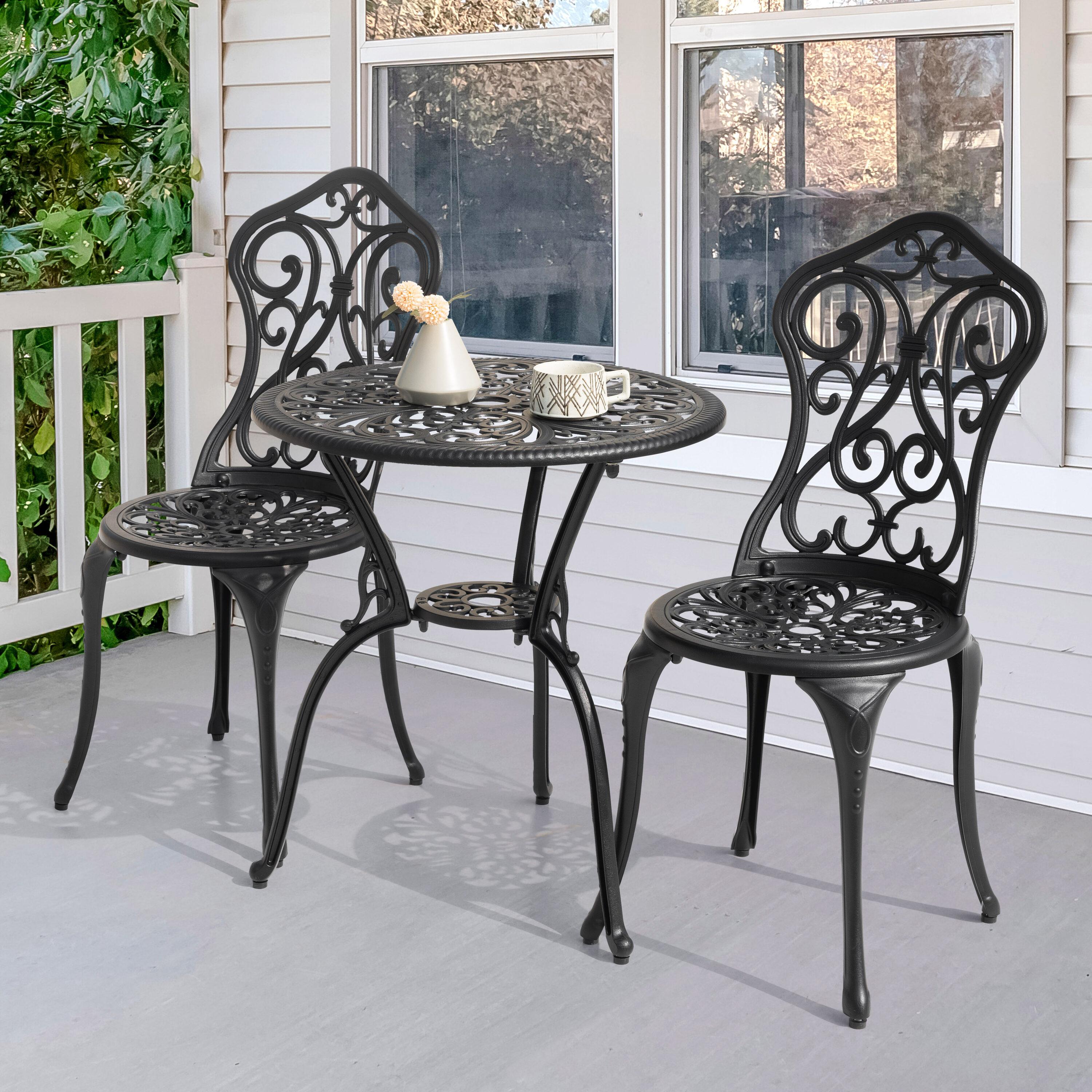 Black Cast Aluminum 3-Piece Outdoor Bistro Set with Floral Design