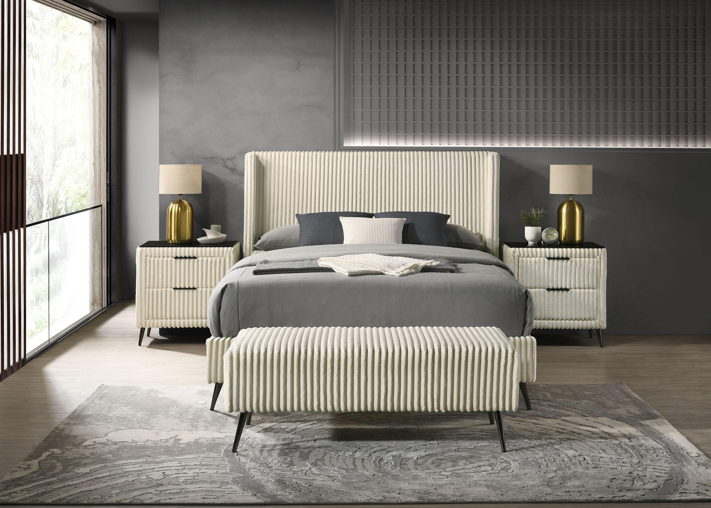 Roundhill Furniture Mavela Wide-wale Corduroy Upholstery Panel Bed with 2 Nightstands and Bench Cream Queen