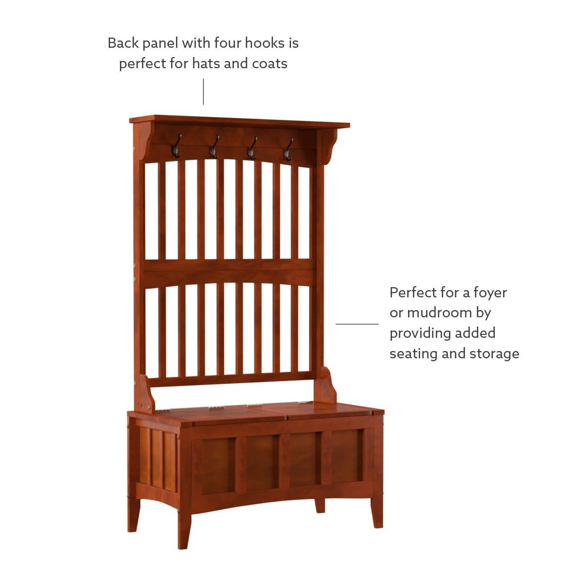 Misson Traditional 4 Double Hooks Storage Bench Top Shelf Hall Tree Walnut Finish - Linon: Entryway Organizer, Flip-up Seat