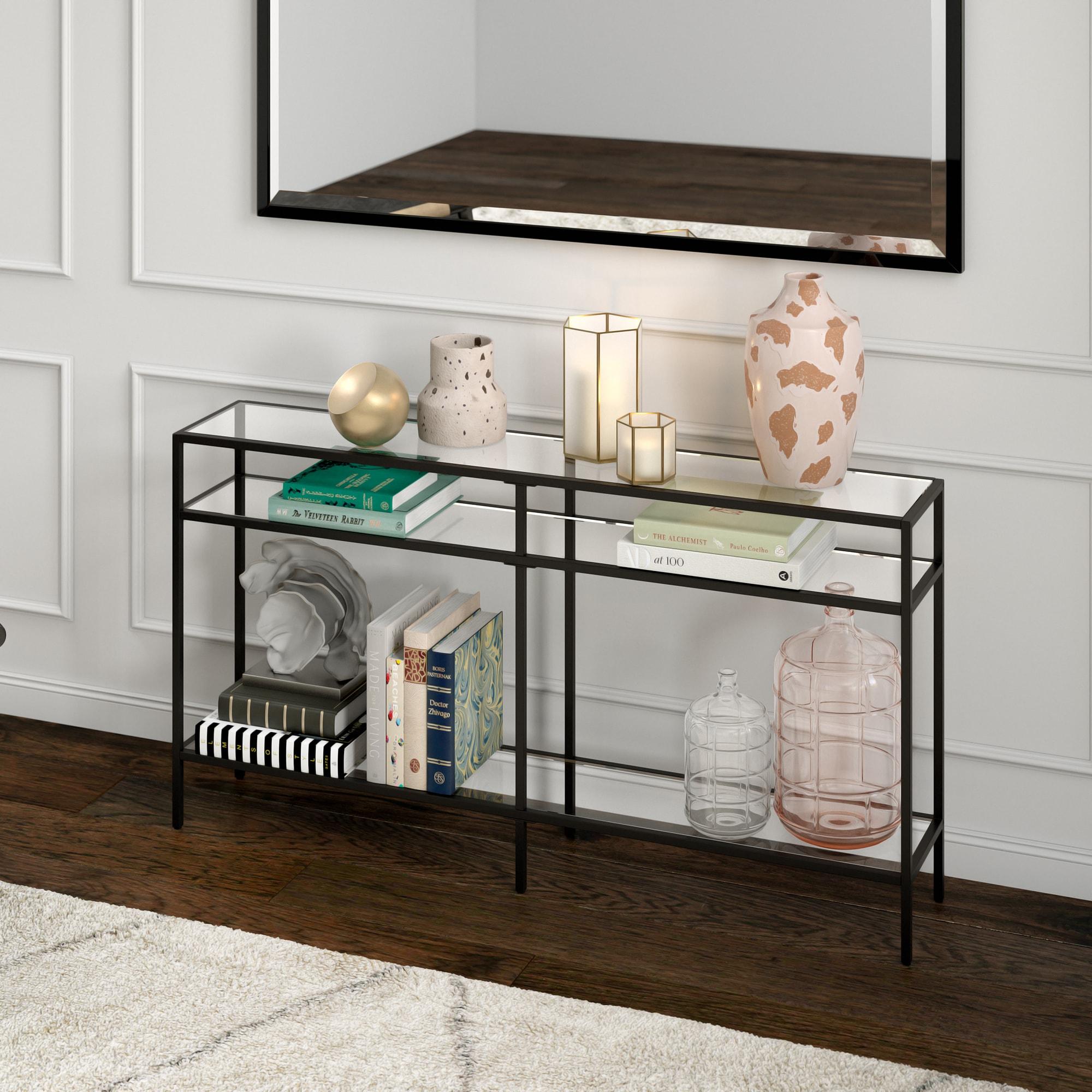 Sivil 55" Blackened Bronze and Black Metal Console Table with Glass Top