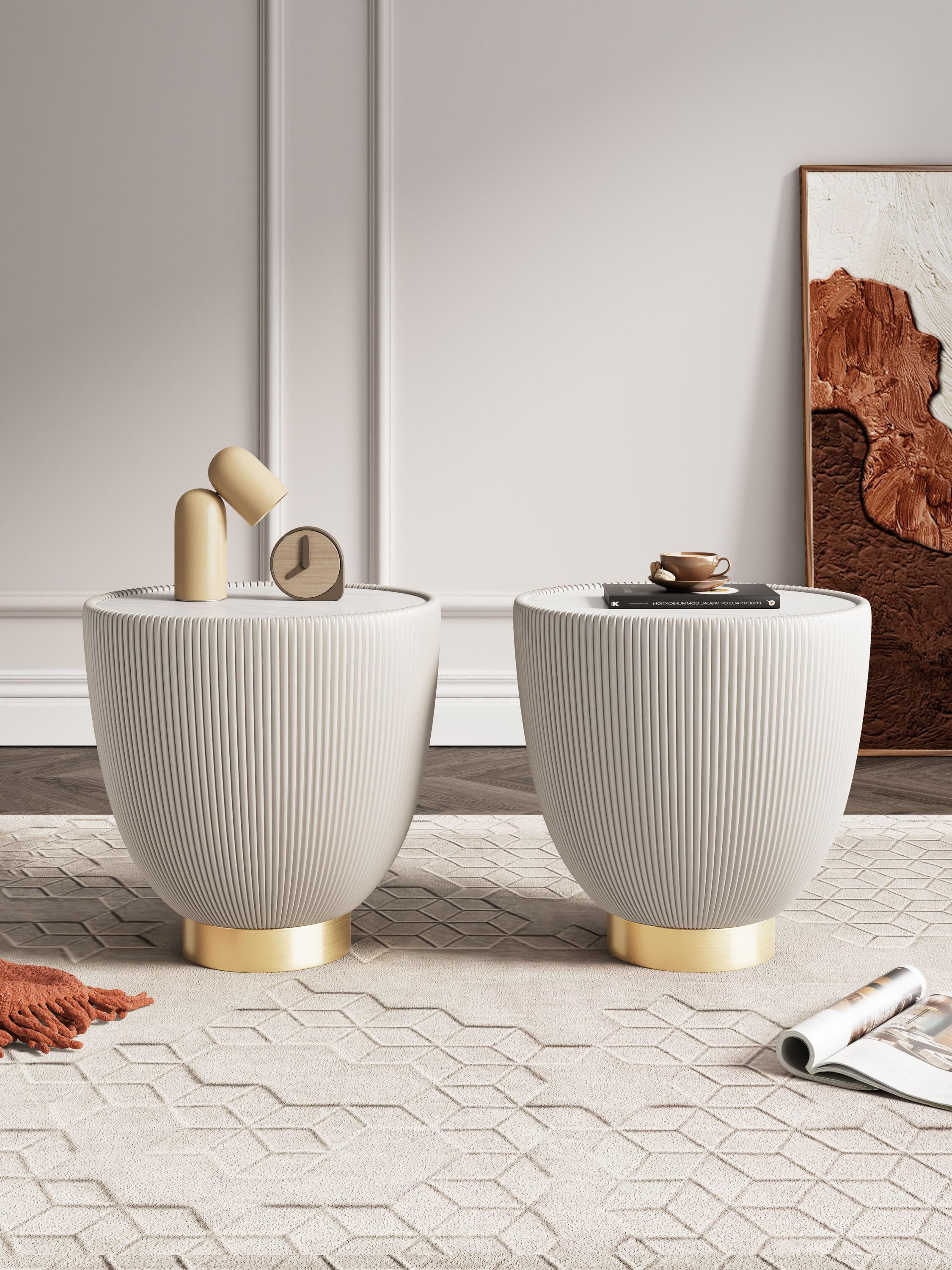 Manhattan Comfort Set of 2 Anderson Leatherette End Tables with Faux Marble Tabletop Cream: Round, No Assembly, Modern Style