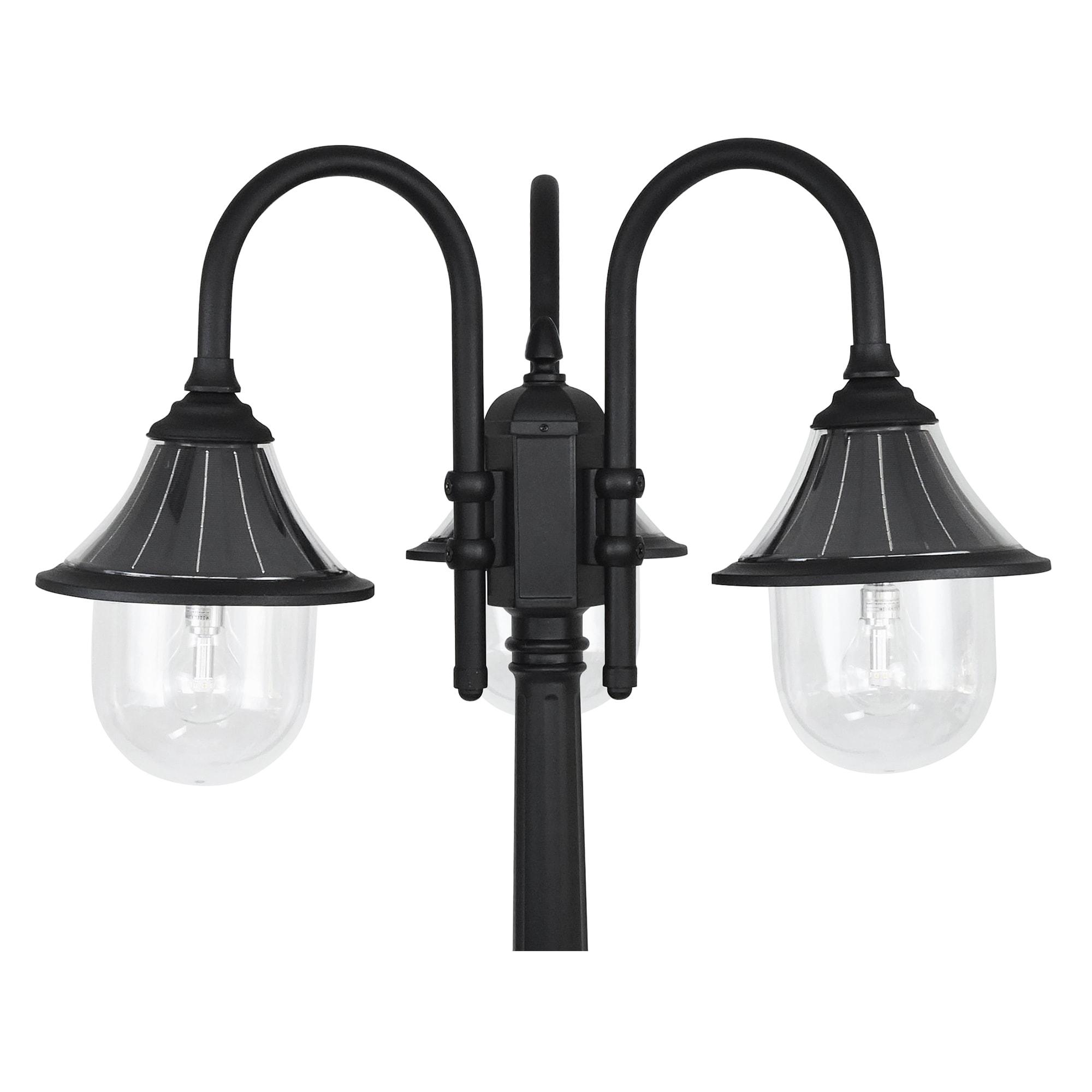 Gama Sonic Orion Outdoor Solar Lamp Post Light Kit, Triple Black Resin Industrial Style Downlight Lamp, Cast Aluminum Light Pole with Warm White Light 2700K, 123BM50003