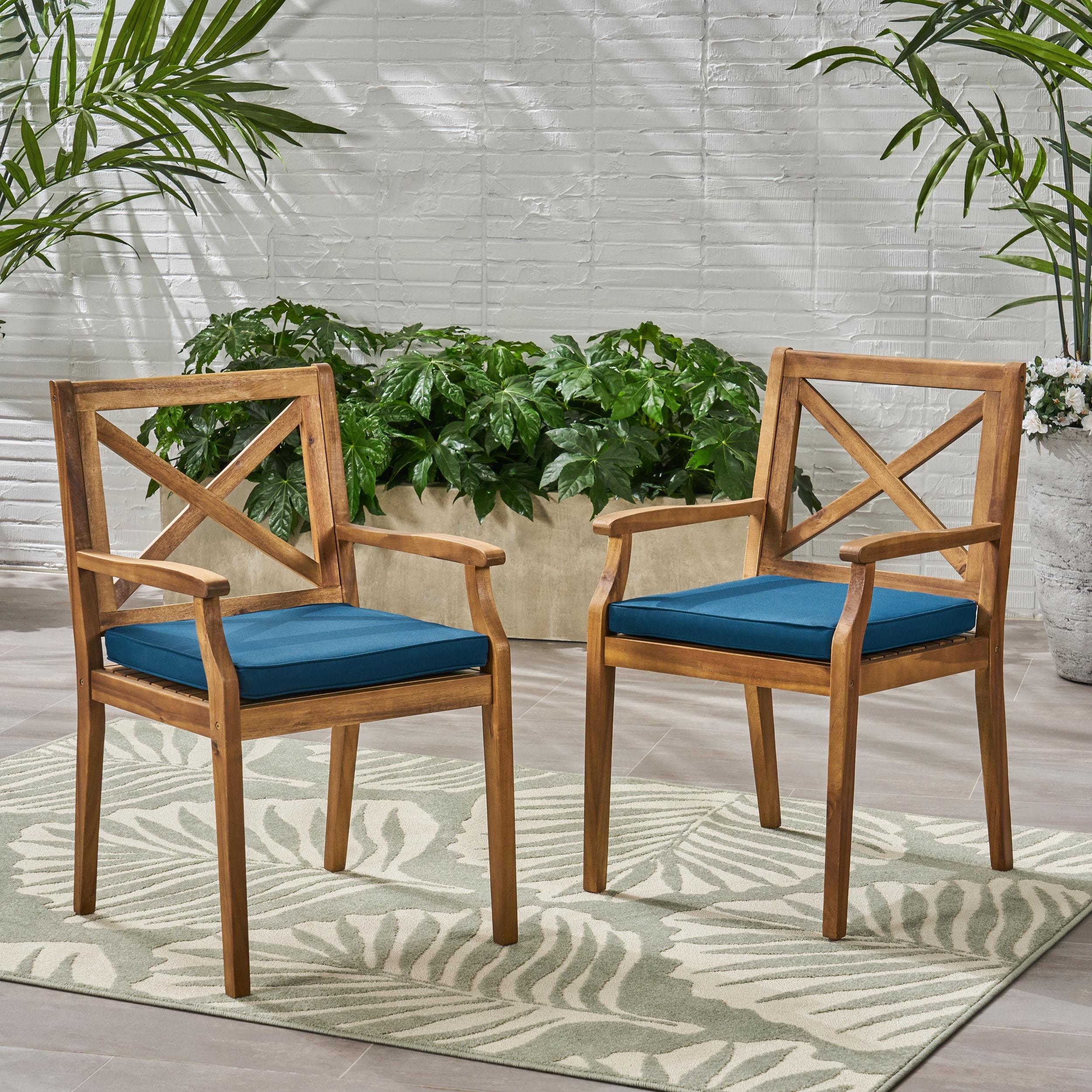 Perla 2pk Acacia Wood Patio Dining Chair - Teak/Blue - Christopher Knight Home: Weather-Resistant with Polyester Cushions