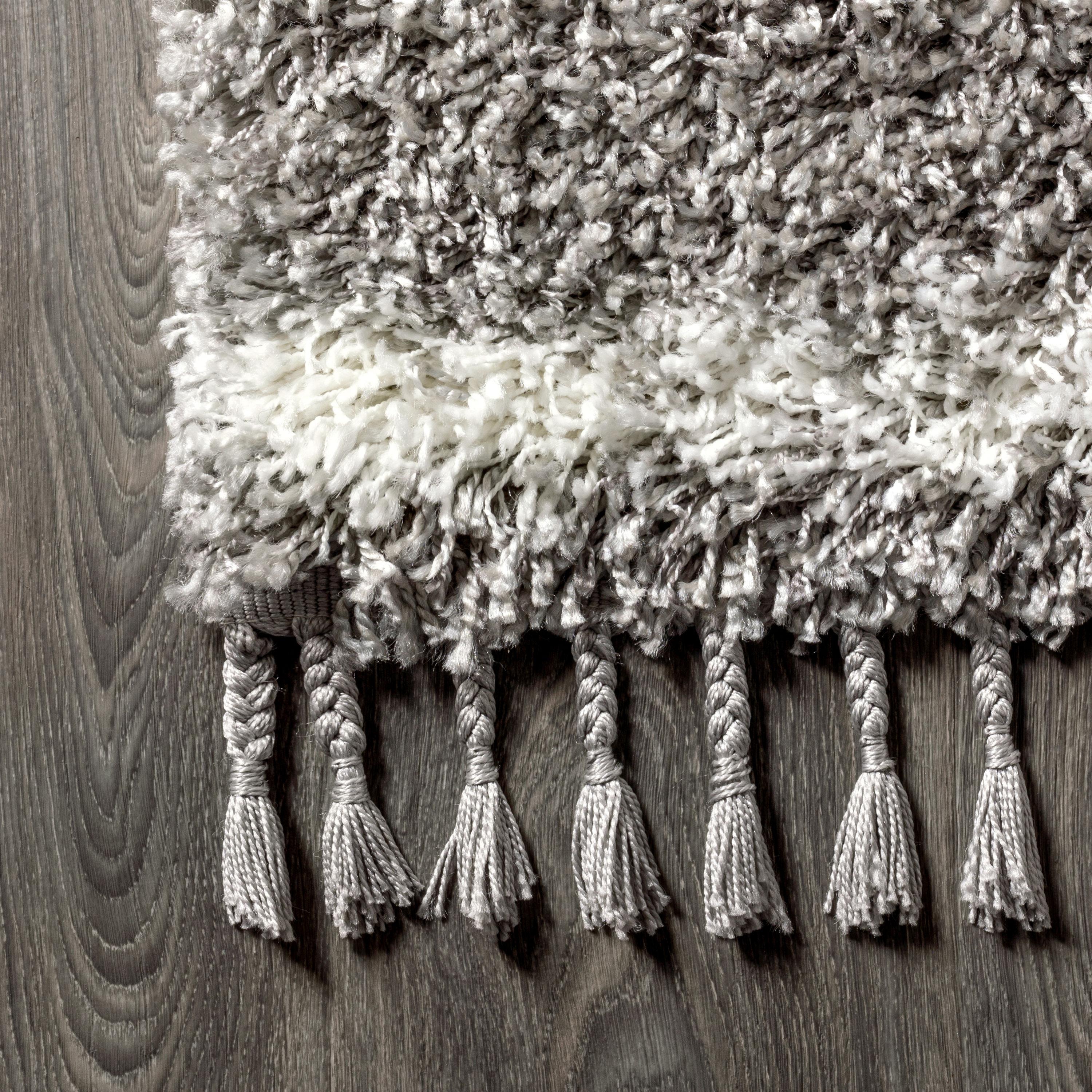 4'x6' Mercer Shag Plush Tassel Moroccan Geometric Trellis Area Rug, Grey/Cream - JONATHAN Y