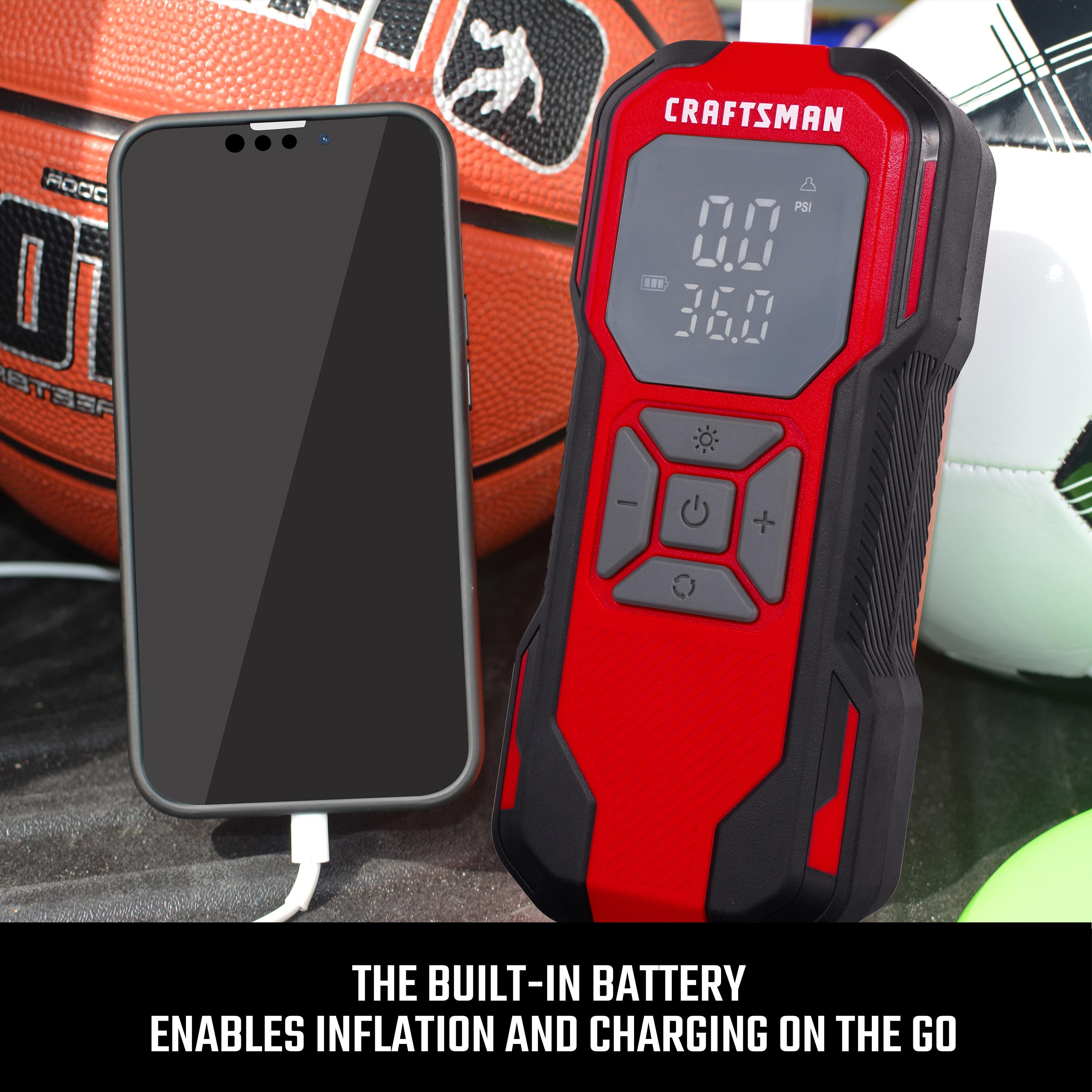CRAFTSMAN Tire Inflator Portable Air Compressor, Cordless Mini Air Pump for Car Tires with Digital Tire Pressure Gauge, 6000mAh Battery Powered Air Pump, Max Pressure 150 PSI, 12V DC Corded