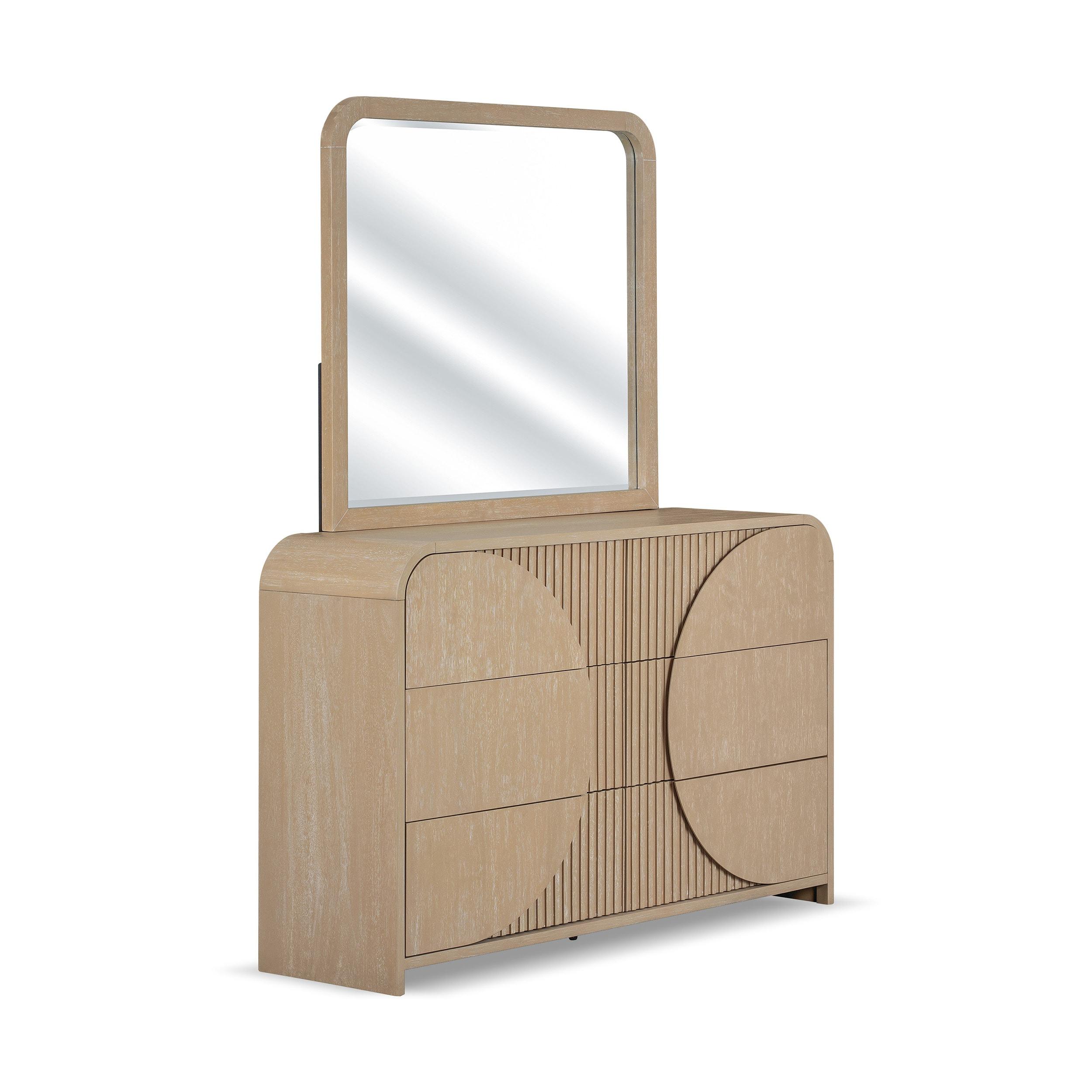 Furniture of America Tissen Modern Solid Wood 5-Piece Queen Bedroom Set with USB Ports, Reeded Panels, Curved Edges and Beveled Mirror, Box Spring Needed, Natural