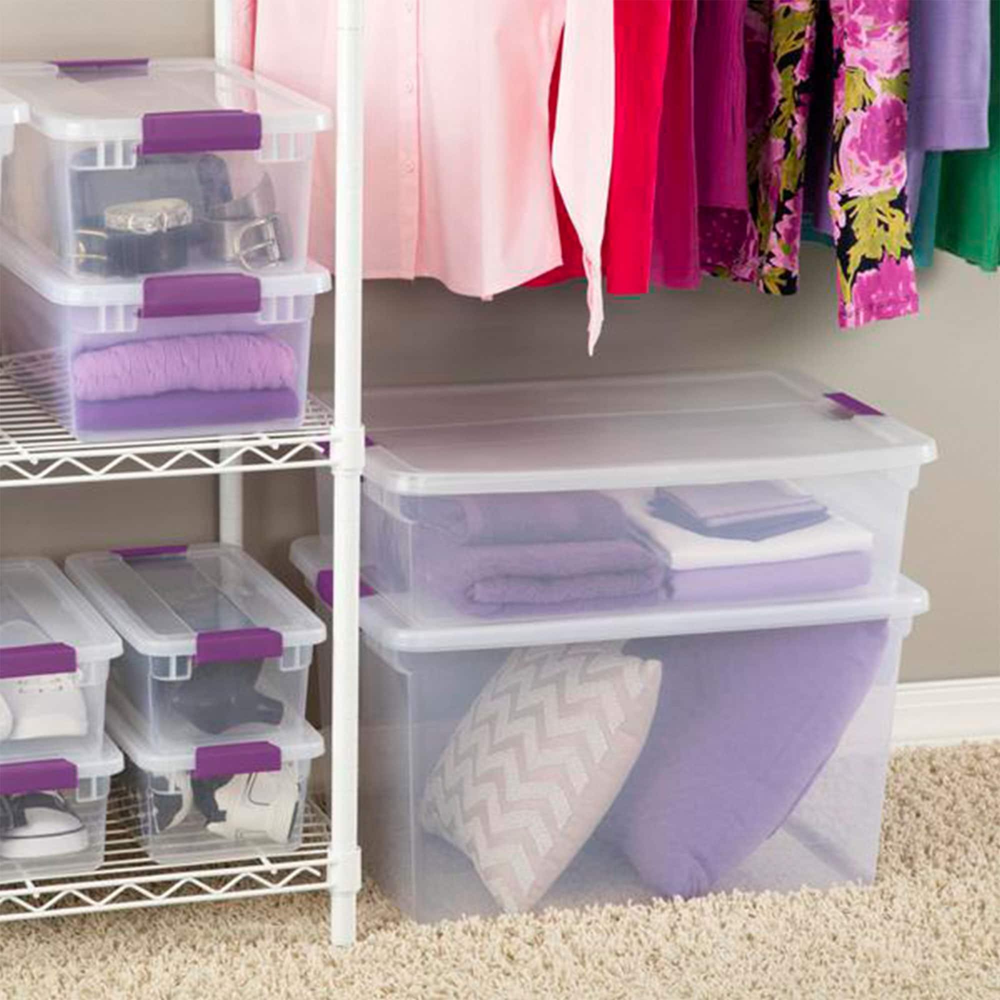 Sterilite 66 Qt ClearView Latch Storage Box, Stackable Bin with Latching Lid, Plastic Container to Organize Clothes in Closet, Clear Base, Lid, 6-Pack