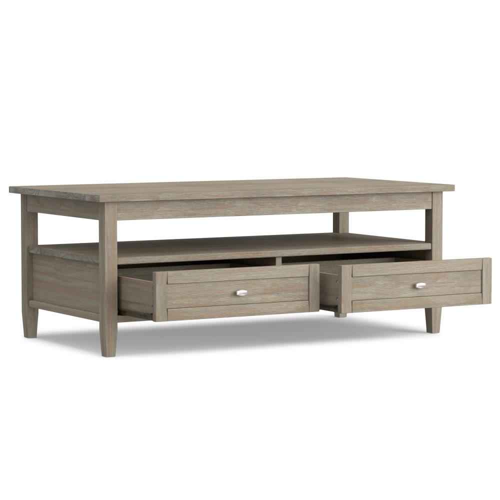 Simpli Home Warm Shaker 48"W Solid Wood Coffee Table with Two Storage Drawers and Open Shelf
